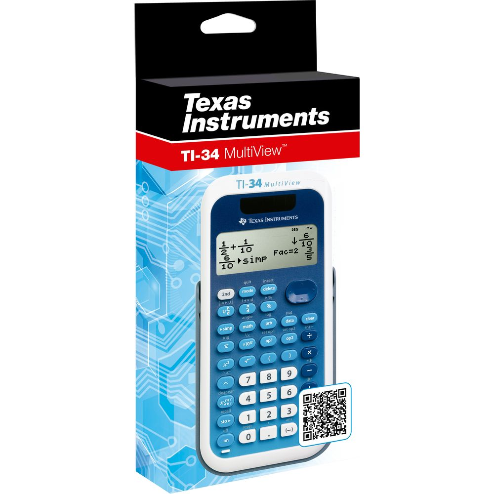 Verpackung eines Texas Instruments TI-34 Taschenrechners mit blauem und weißem Gehäuse.