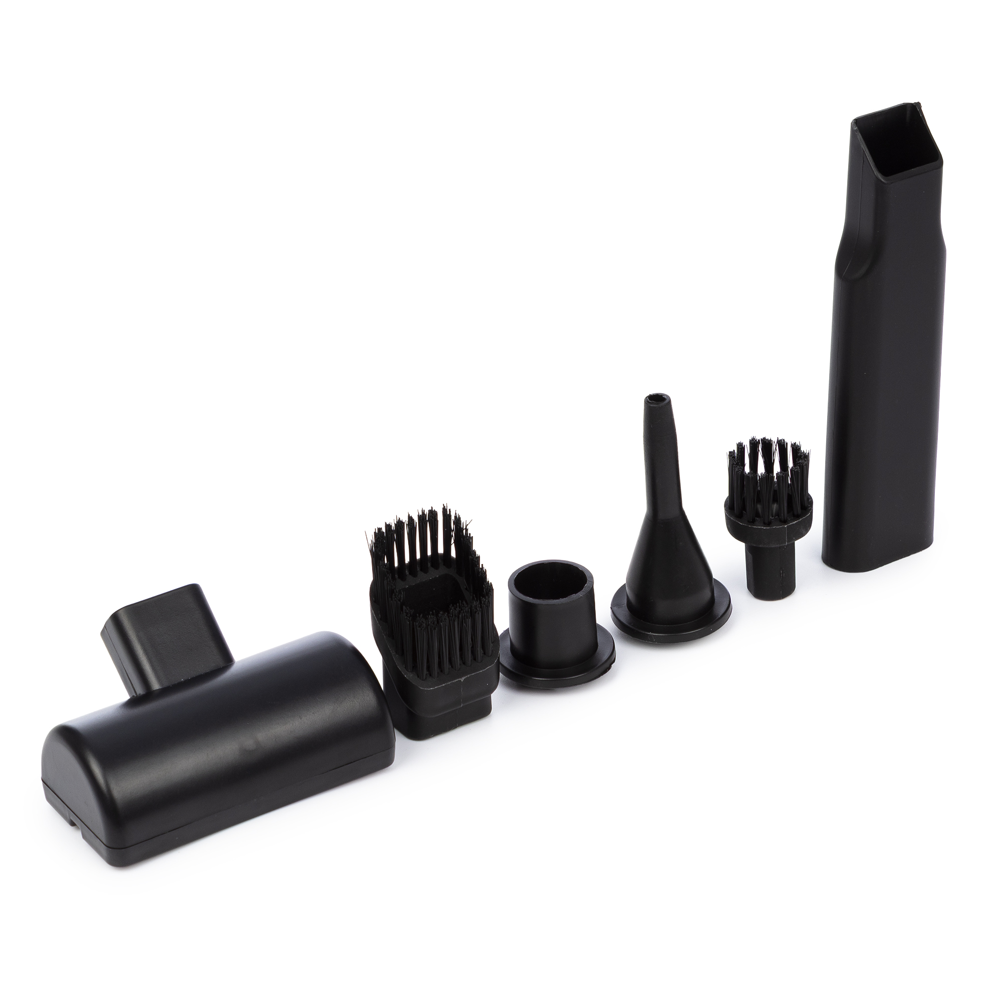 Juego de accesorios negros para aspiradora, incluyendo cepillos y boquillas.