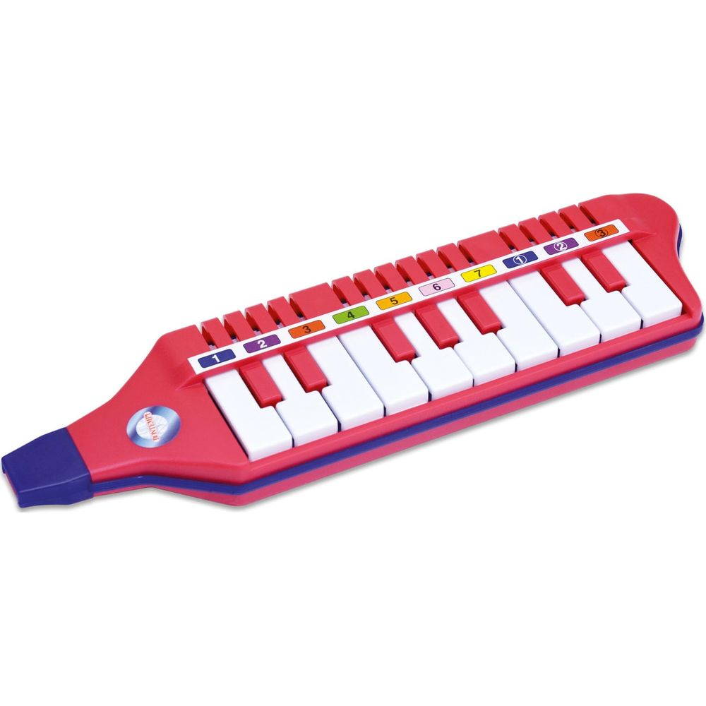 Ein rotes Melodica-Spielzeug mit weißen und roten Tasten, nummeriert von 1 bis 7.