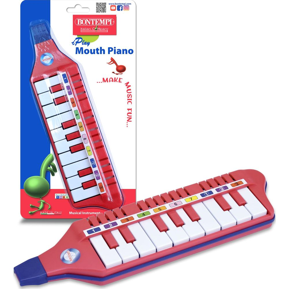 Ein rotes Mundklavier mit weißen und roten Tasten, das als Spielzeug vermarktet wird.