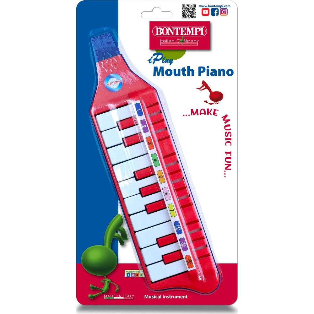 Rotes Bontempi Mundklavier mit weißen und roten Tasten, auf Verpackung mit Musiknoten-Symbol.