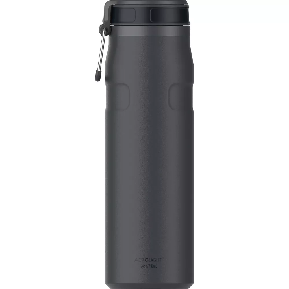 Termo gris oscuro con tapa negra y clip plateado. Texto: AEROLIGHT 24oz/710mL.