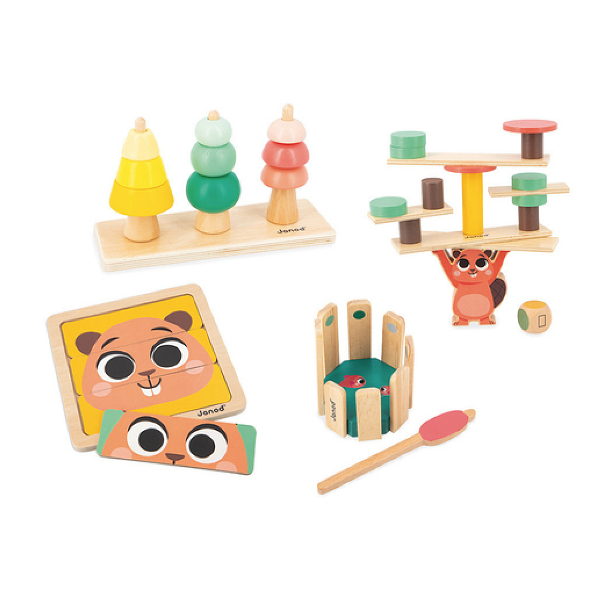 Giochi in legno: alberi impilabili, scoiattolo in equilibrio, puzzle e casetta.