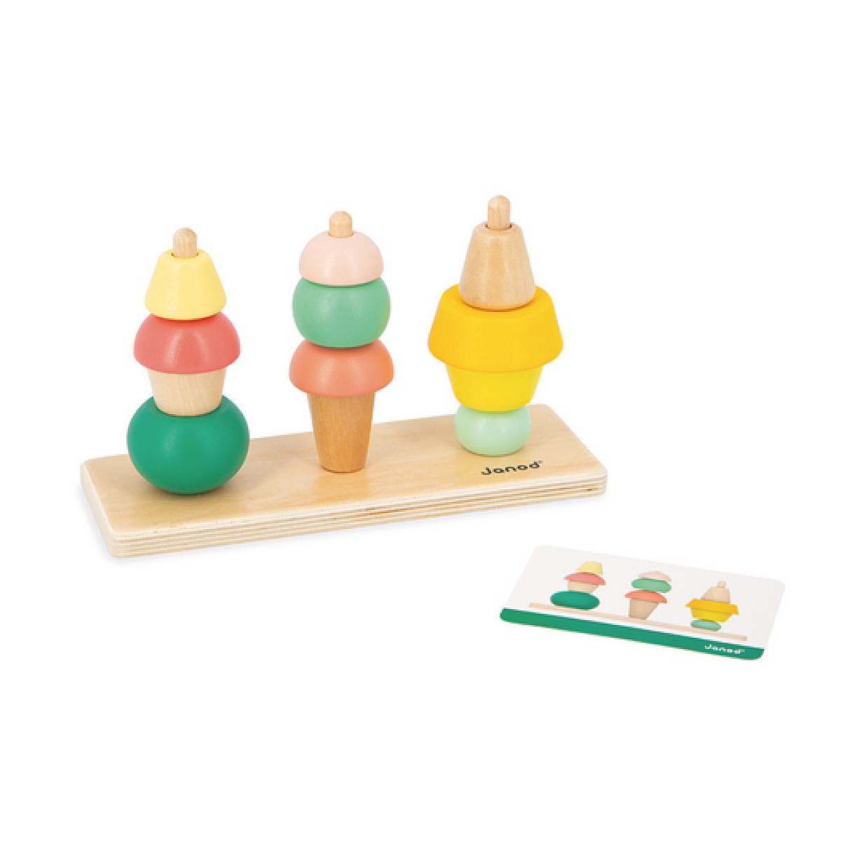 Giocattolo in legno con coni gelato rosa, verdi, gialli e arancioni.