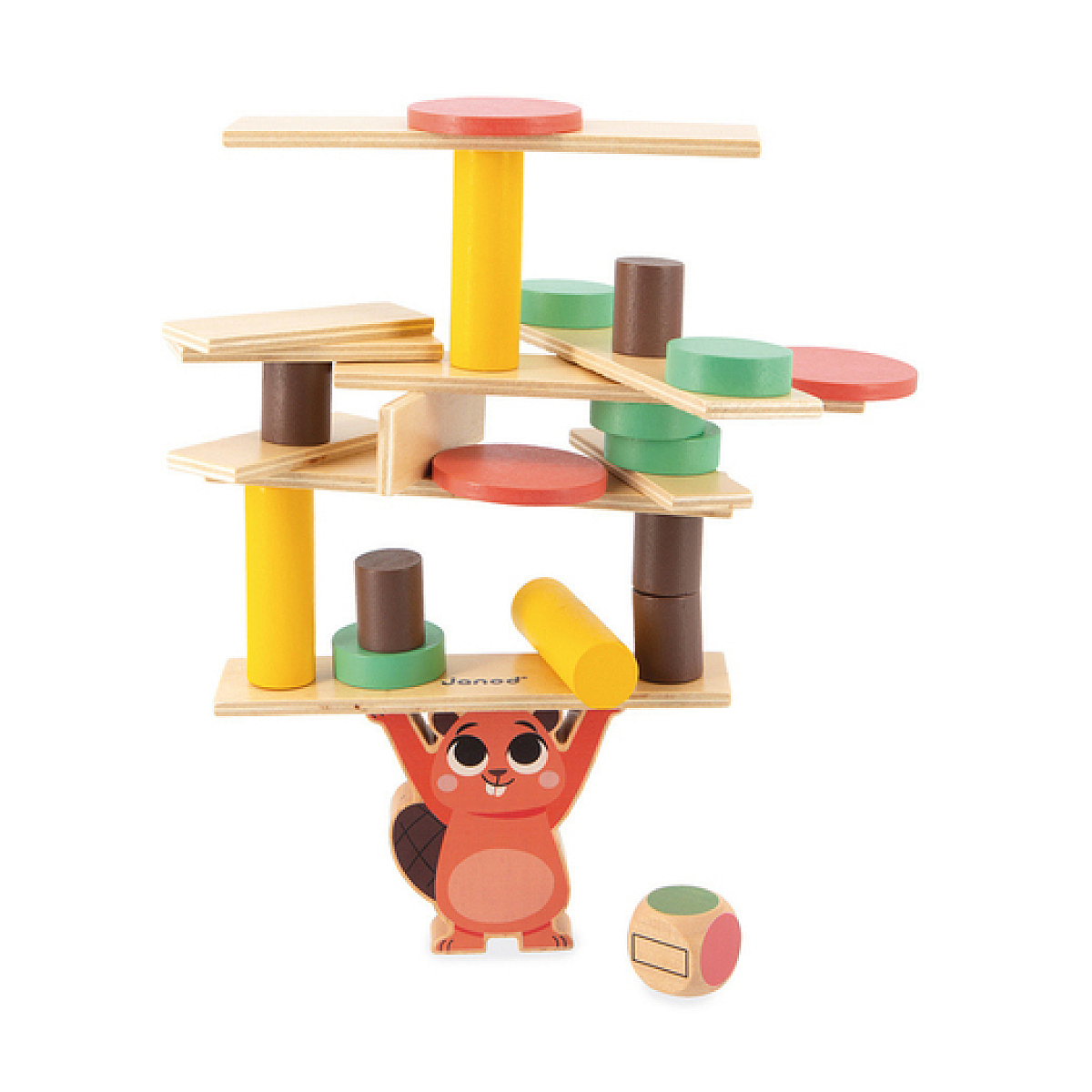Un gioco di equilibrio in legno con un castoro che bilancia pezzi.
