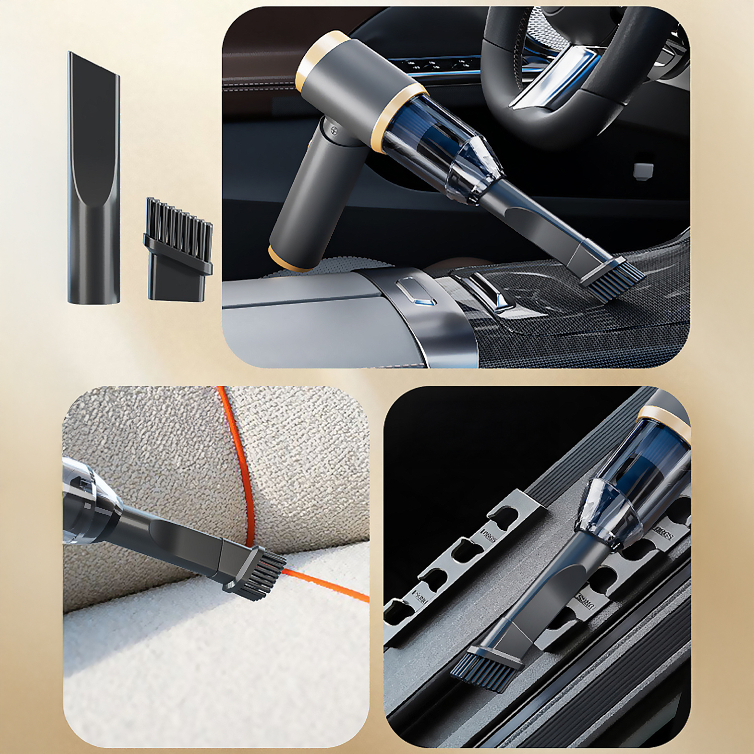 Un aspirapolvere portatile con accessori per la pulizia degli interni dell'auto.