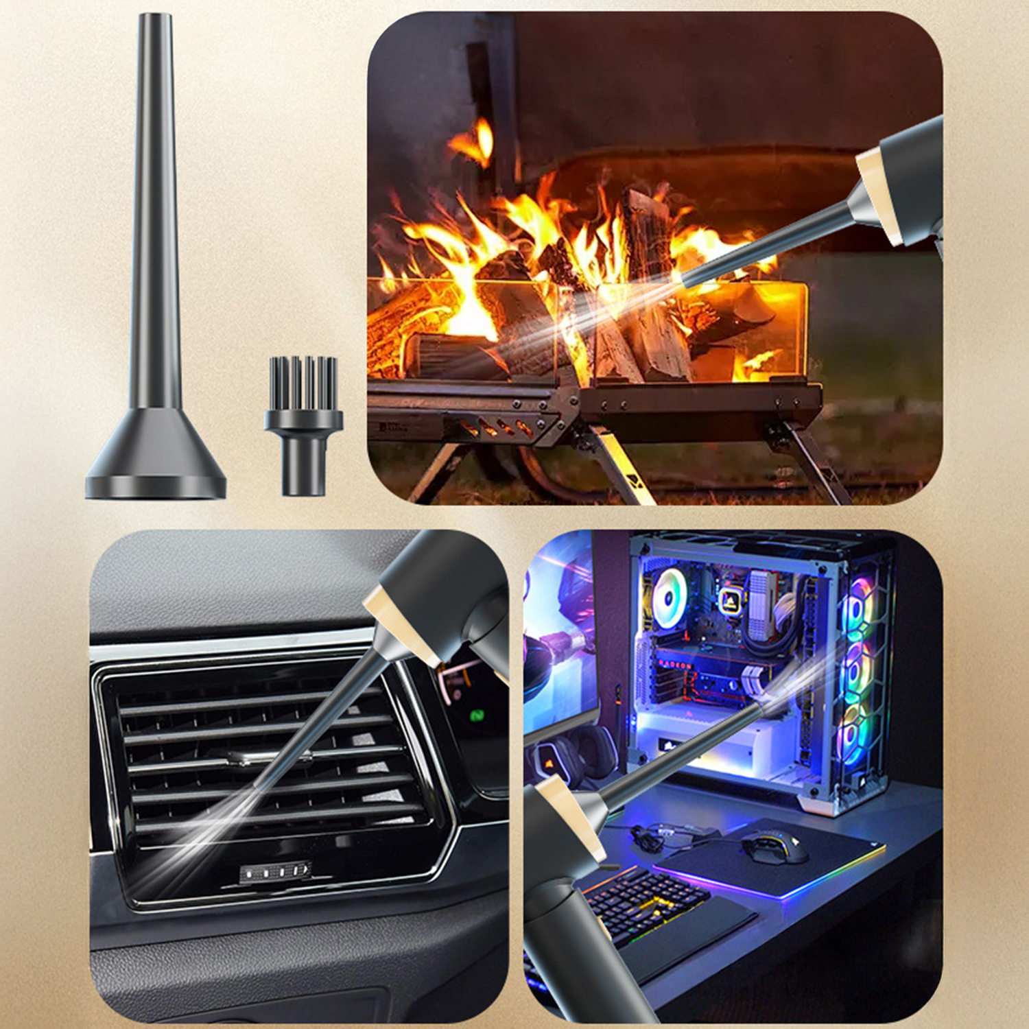 Dispositivo pulisce fuoco, bocchette e computer con flusso d'aria.