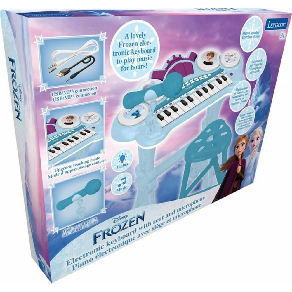 Ein blaues Frozen-Keyboard mit Mikrofon, Noten und Sitz. Enthält USB/MP3-Anschluss.