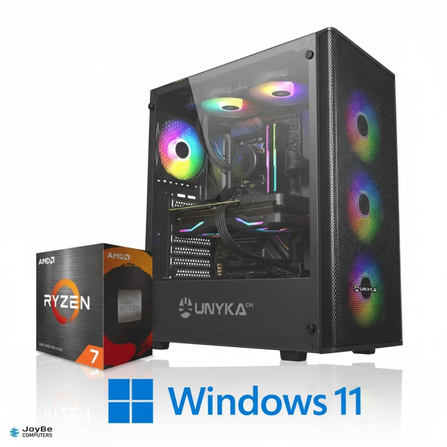 Un PC para juegos con ventiladores RGB, caja de CPU Ryzen 7 y logo de Windows 11.