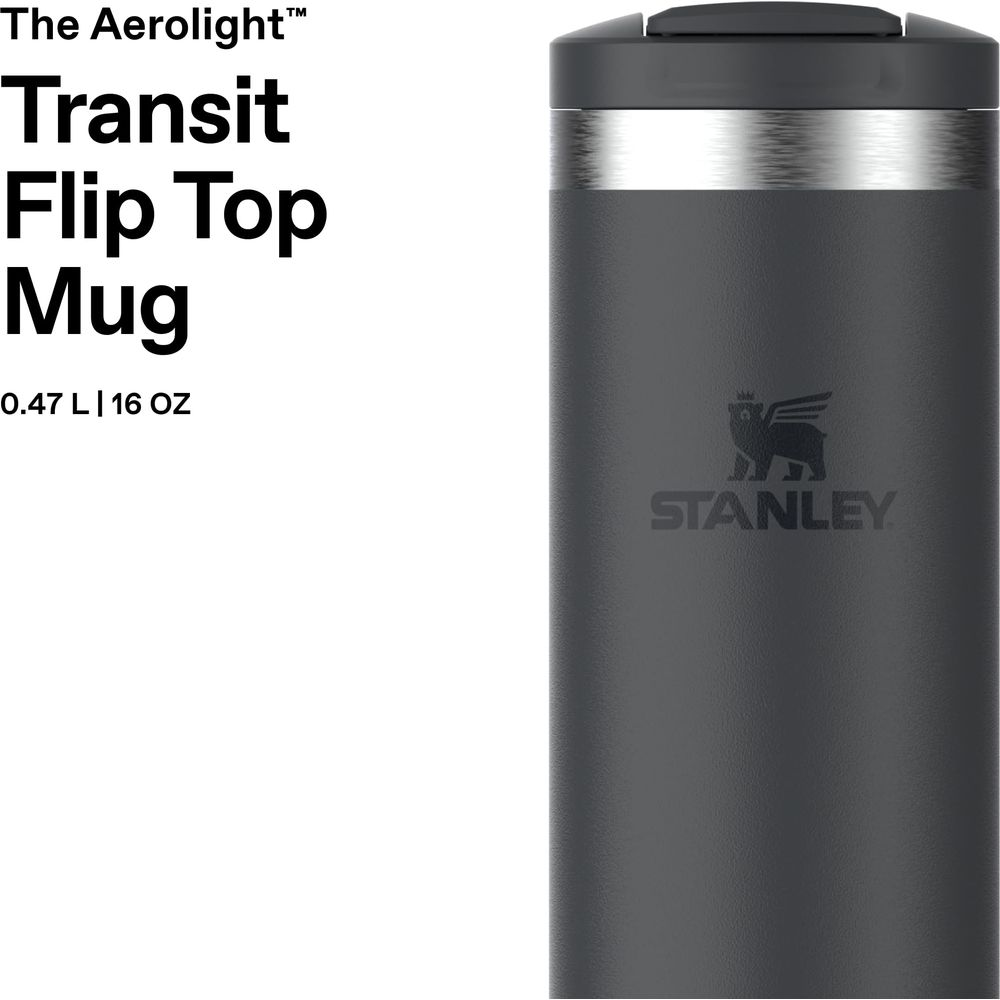 Aerolight Transit Flip Top Kupa, 0,47 L, 16 oz, gümüş bantlı koyu gri renktedir.
