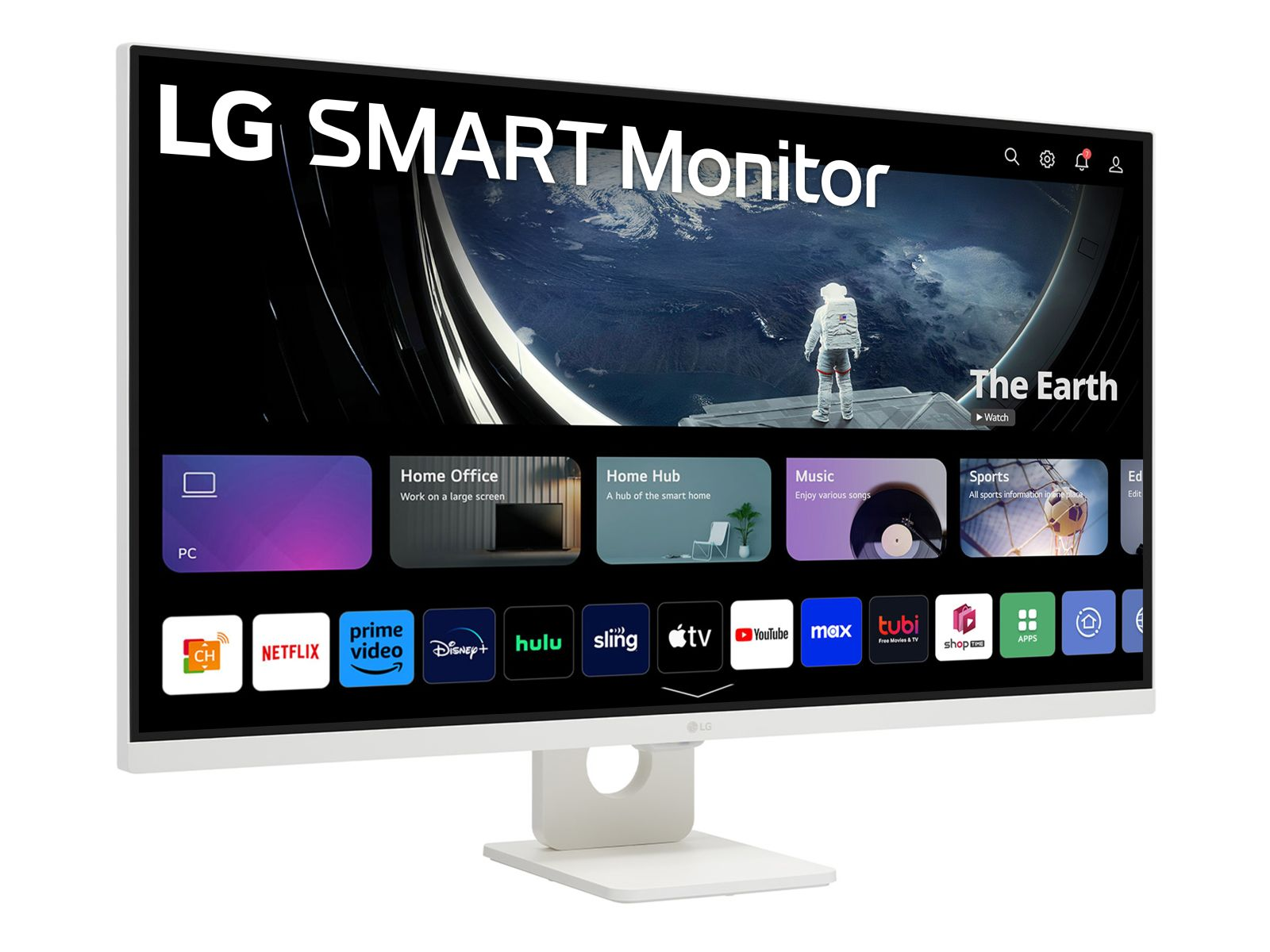 LG Smart Monitor mit Astronauten-Hintergrund und App-Symbolen.