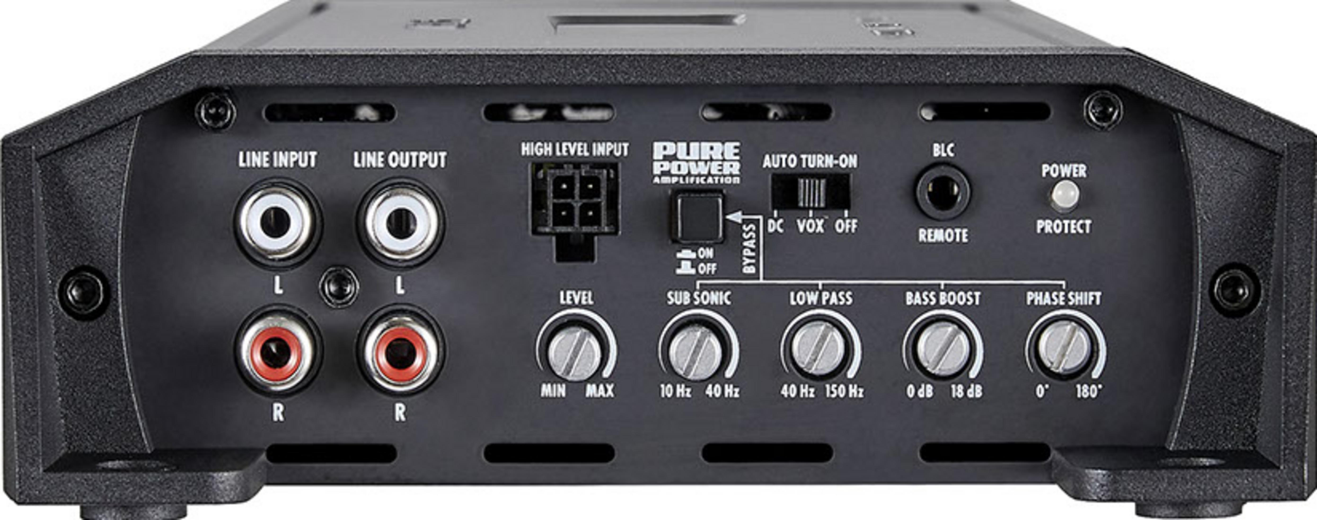 Rückseite eines schwarzen Audioverstärkers mit Anschlüssen für Line-In/Out, High-Level-Input, Remote und Strom.