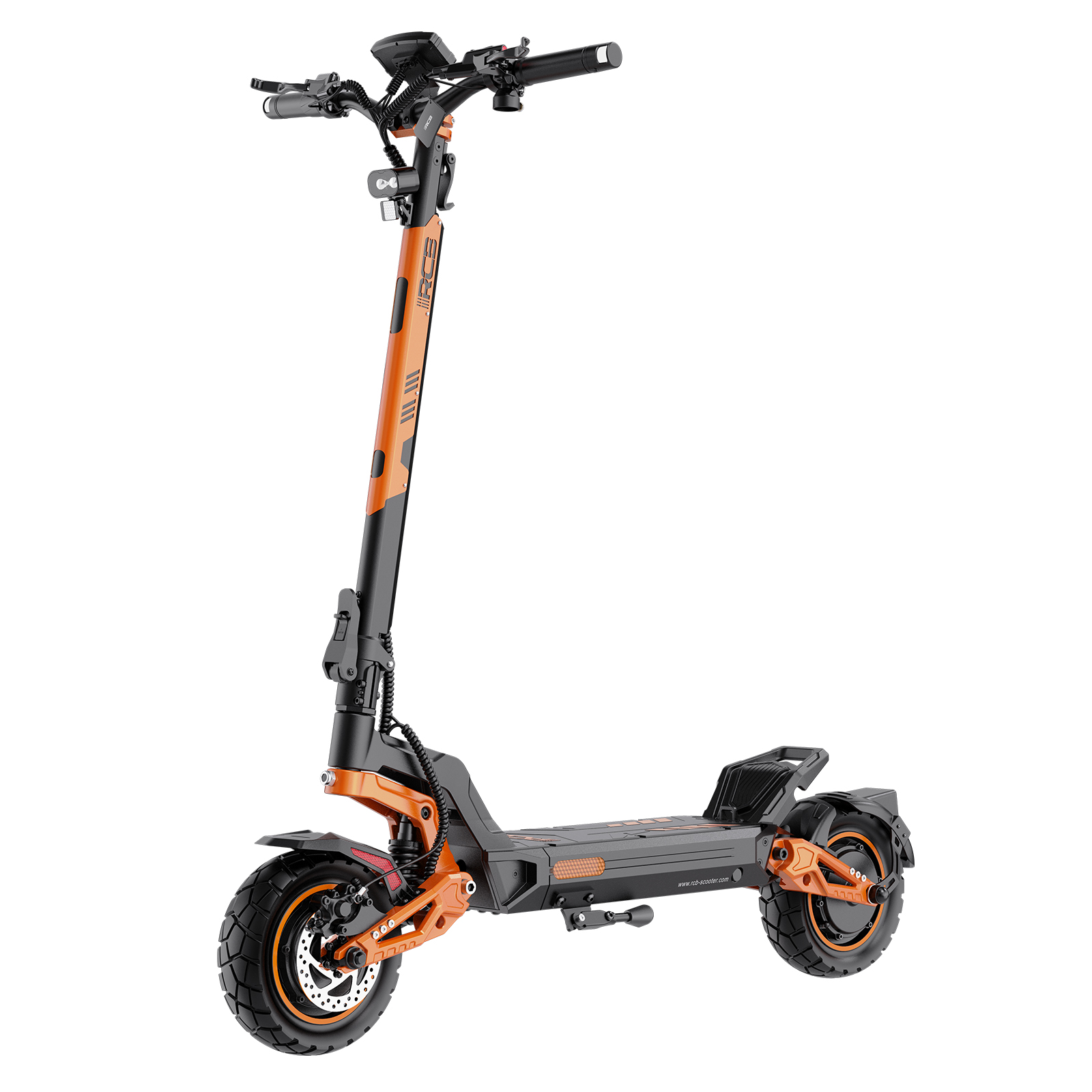 Orange und schwarzer Elektroroller mit breiten Reifen und Federung.