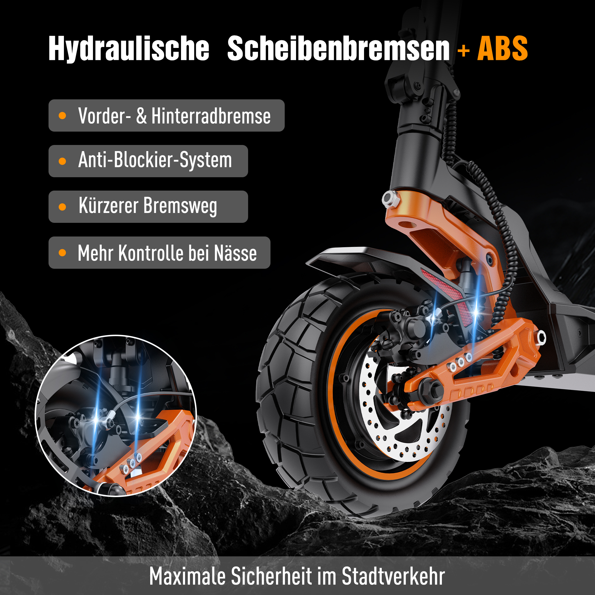Hydraulische Scheibenbremsen mit ABS, Vorder-/Hinterradbremse, Antiblockiersystem.
