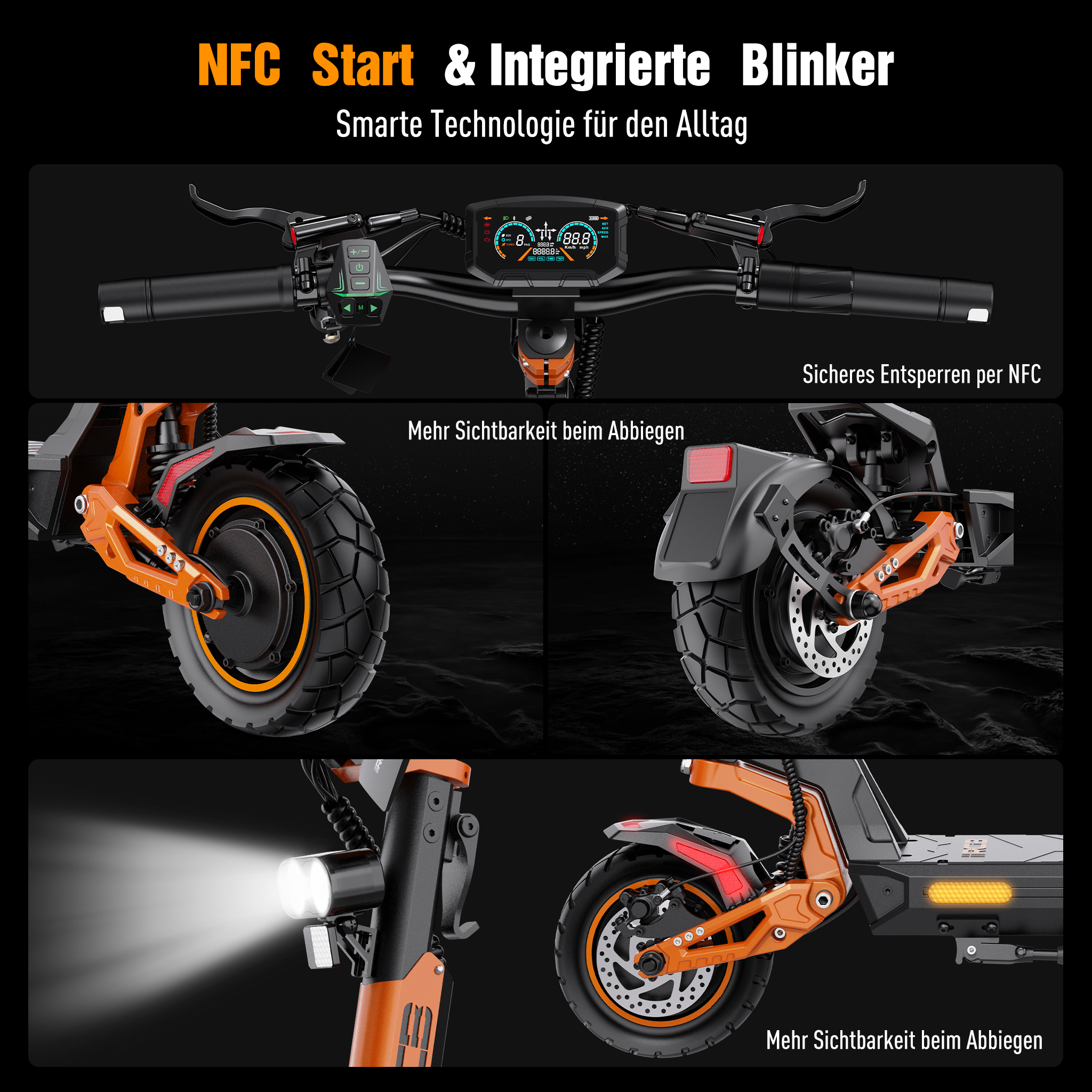 Nahaufnahme des Lenkers, der Räder und des Lichts eines orangefarbenen Elektrorollers.