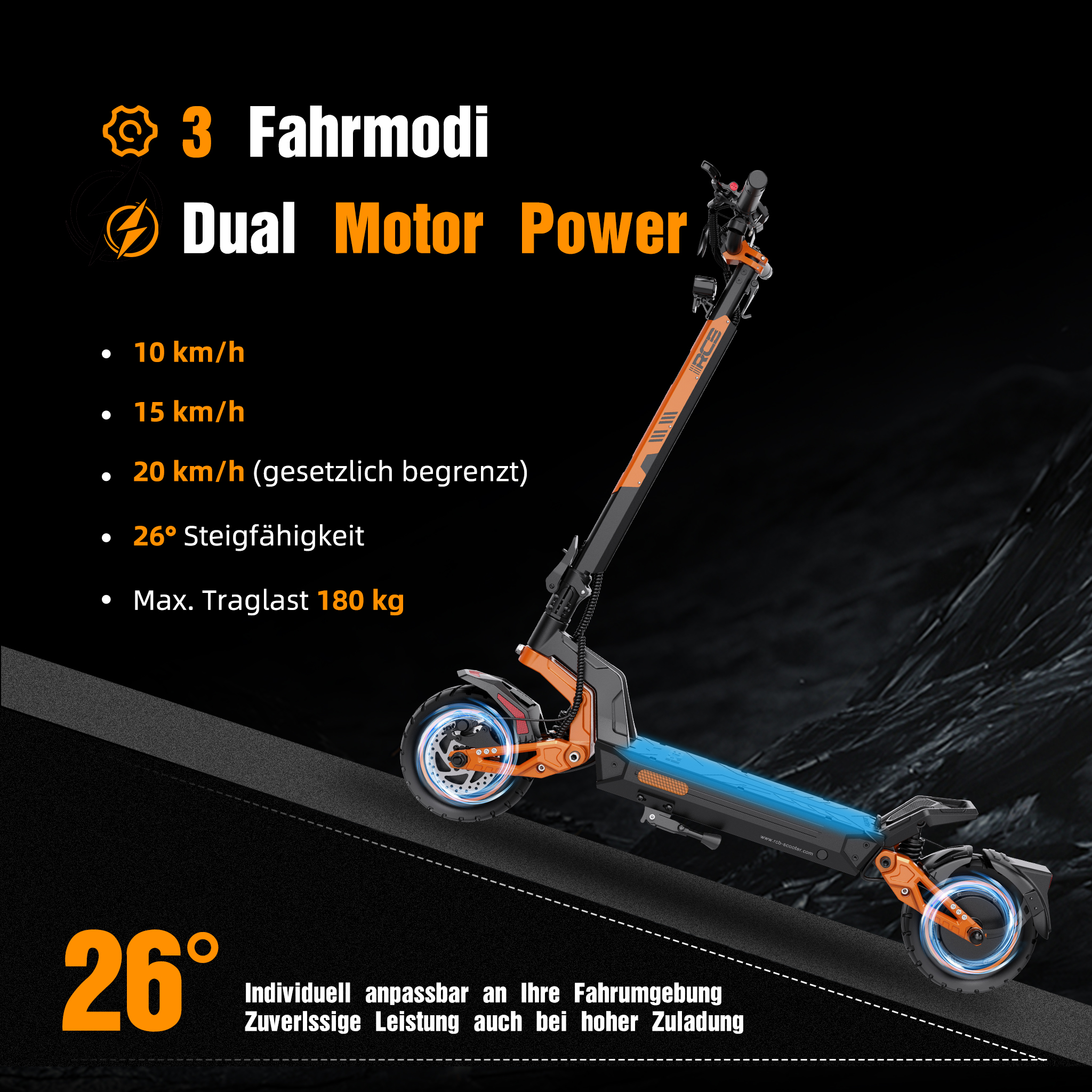 Ein orangefarbener Elektroroller mit Dual-Motor-Power auf dunklem Hintergrund.