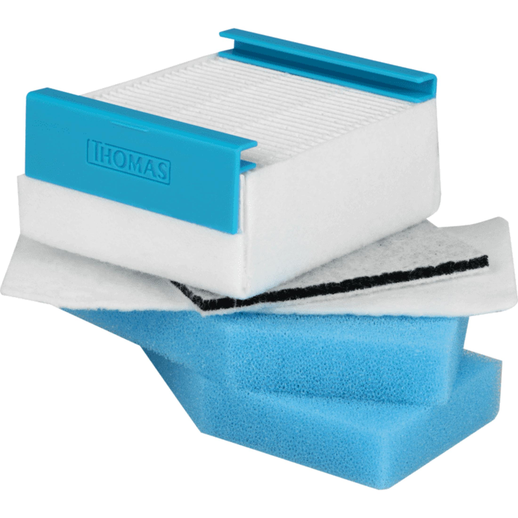 Un filtro blanco con soportes azules y piezas de espuma azules.