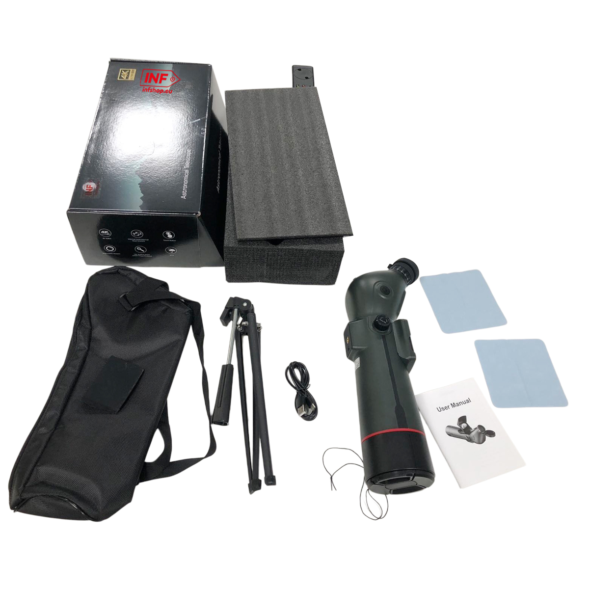 Un telescopio, borsa, treppiede, cavo di ricarica, schiuma, manuale e panni disposti.