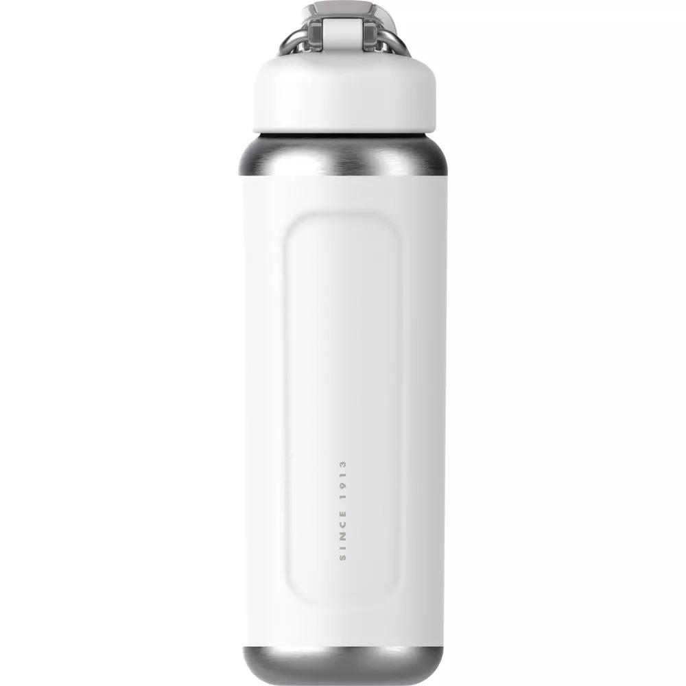 Una botella de agua blanca con tapa y base plateadas.