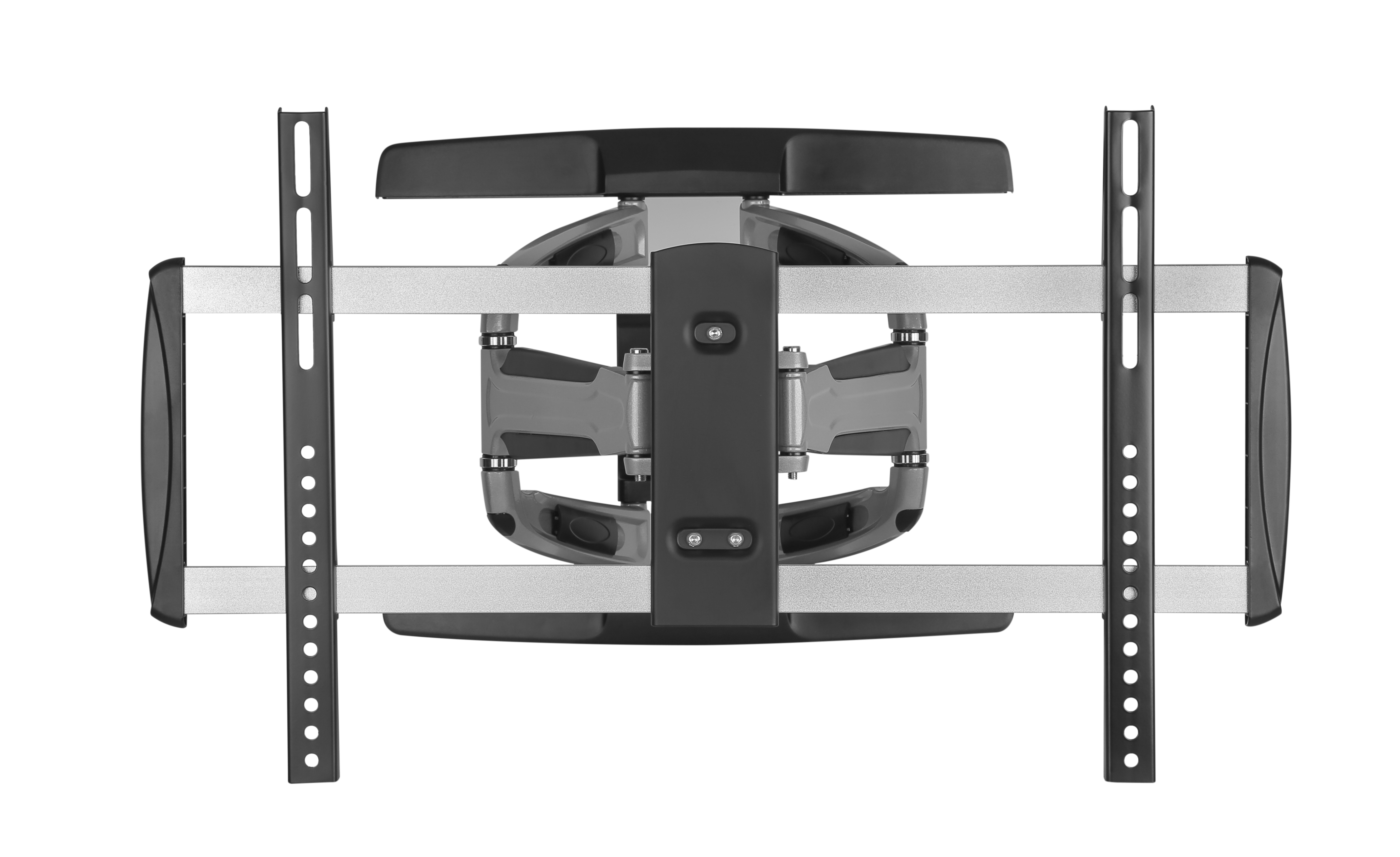Ein ausziehbarer schwenkbarer TV-Wandhalter mit schwarzem und silbernem Metall.