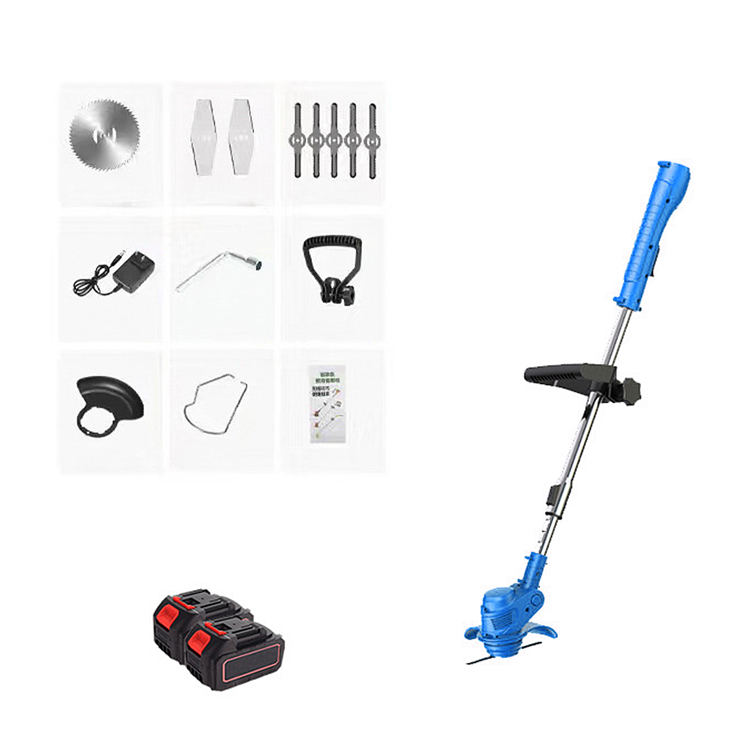 Herramienta eléctrica azul con accesorios: hoja de sierra, cuchillas, mango, cargador, batería.