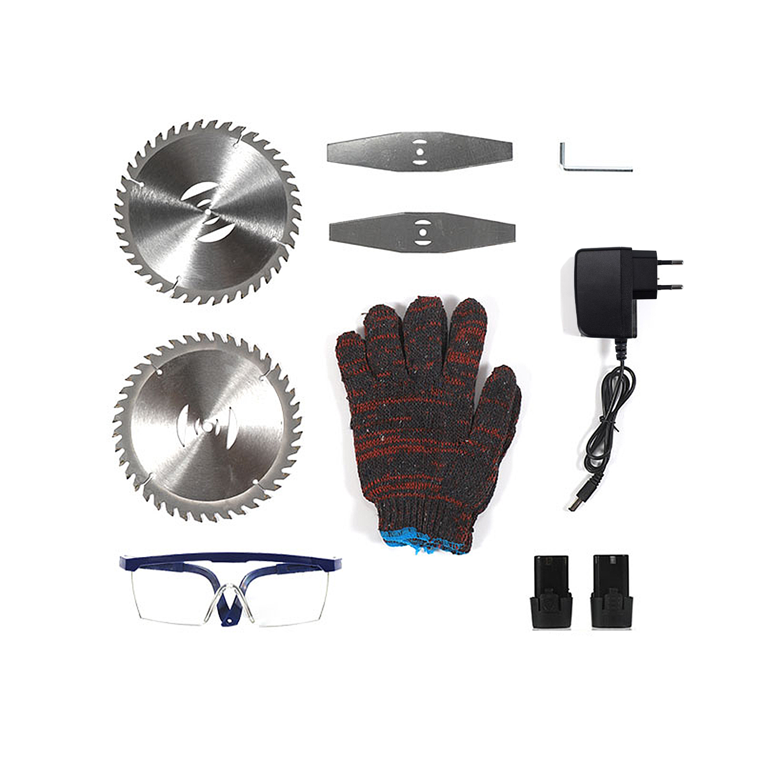 Herramientas y accesorios: dos hojas de sierra, cuchillas, guante, gafas, cargador, baterías, llave.