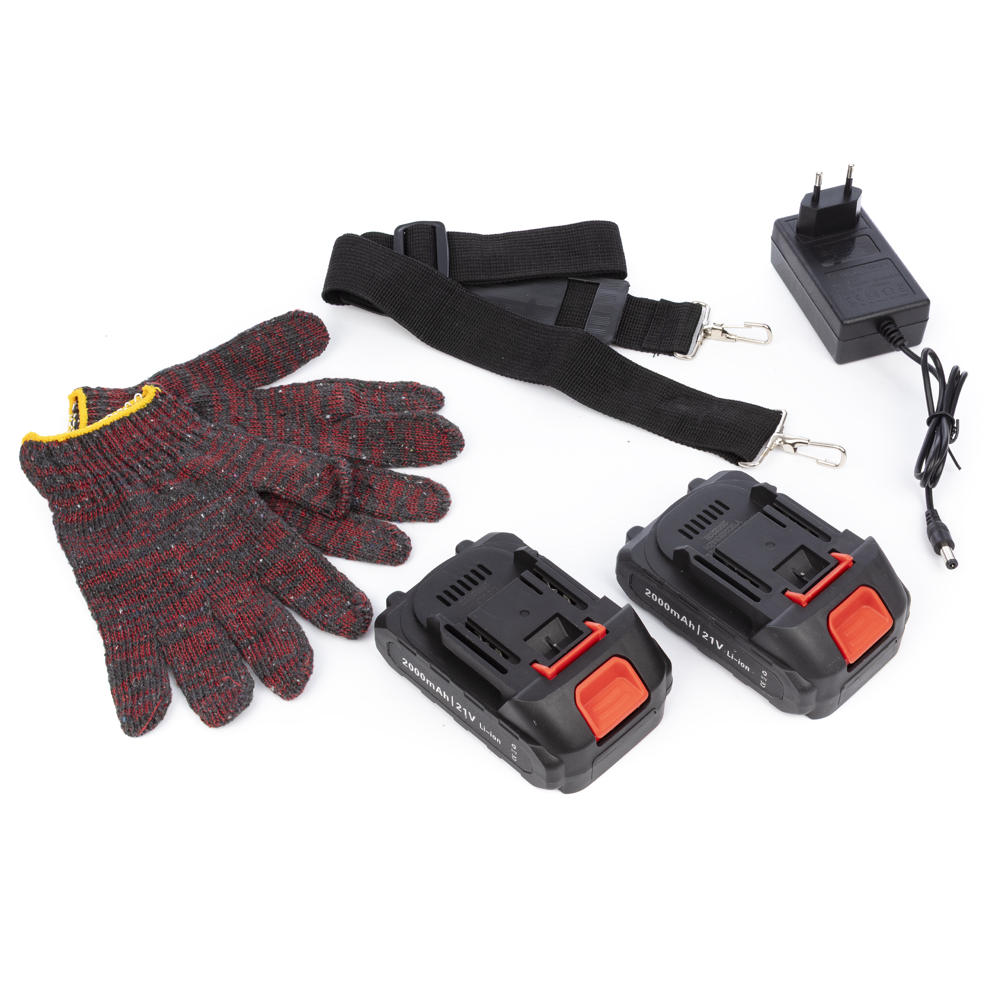 Guantes de trabajo, dos baterías de 21V, un cargador y una correa sobre blanco.