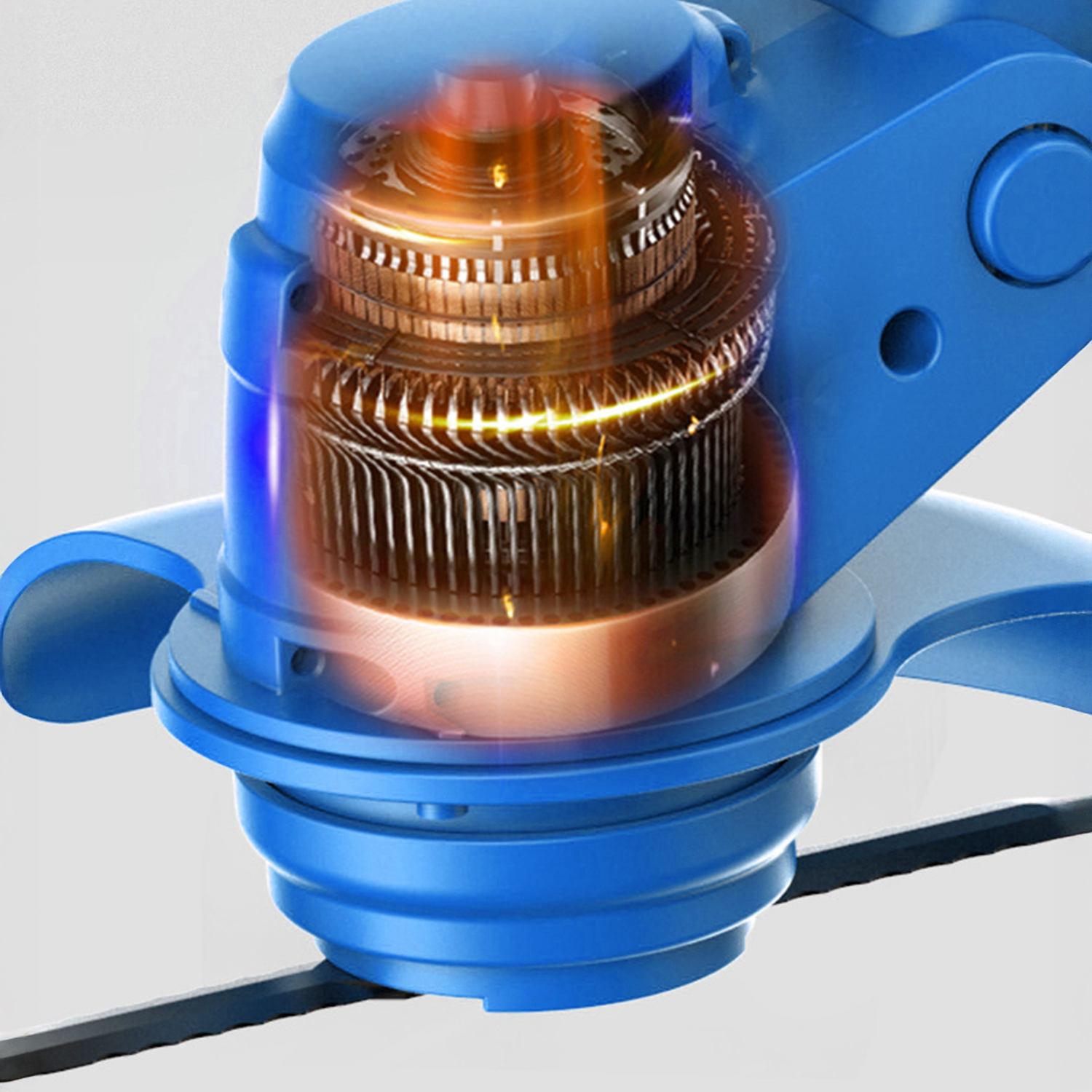 Rotor azul con bobinados de cobre y engranajes, brilla naranja.