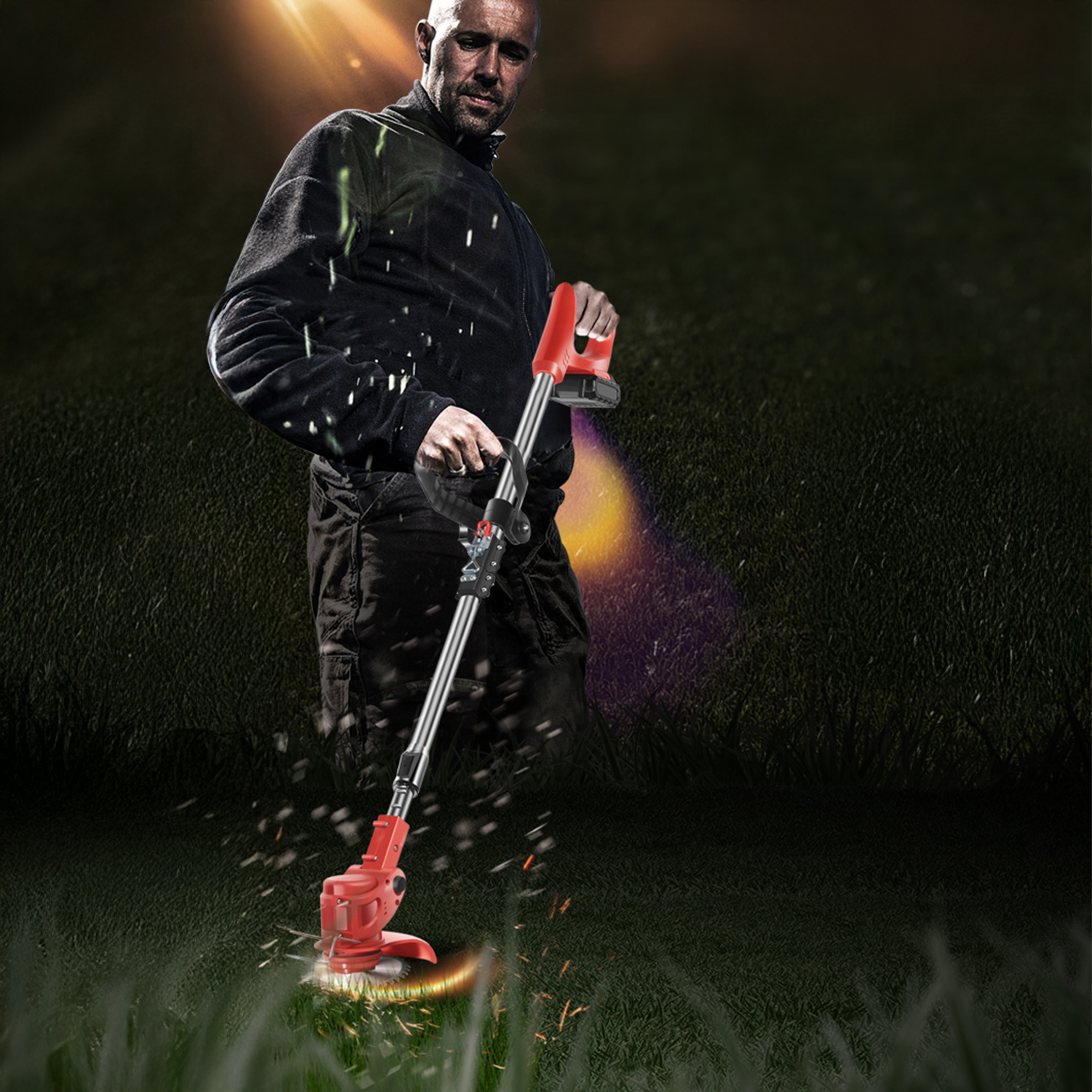 Hombre con cortasetos cortando césped, saltan chispas.