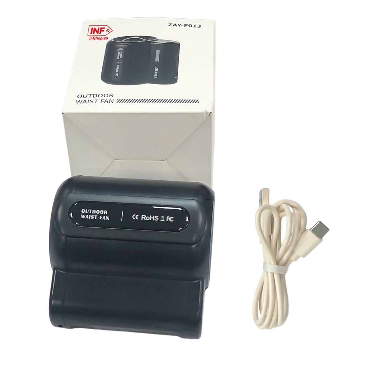 Zwarte outdoor heupventilator met USB-kabel en doos op witte achtergrond.