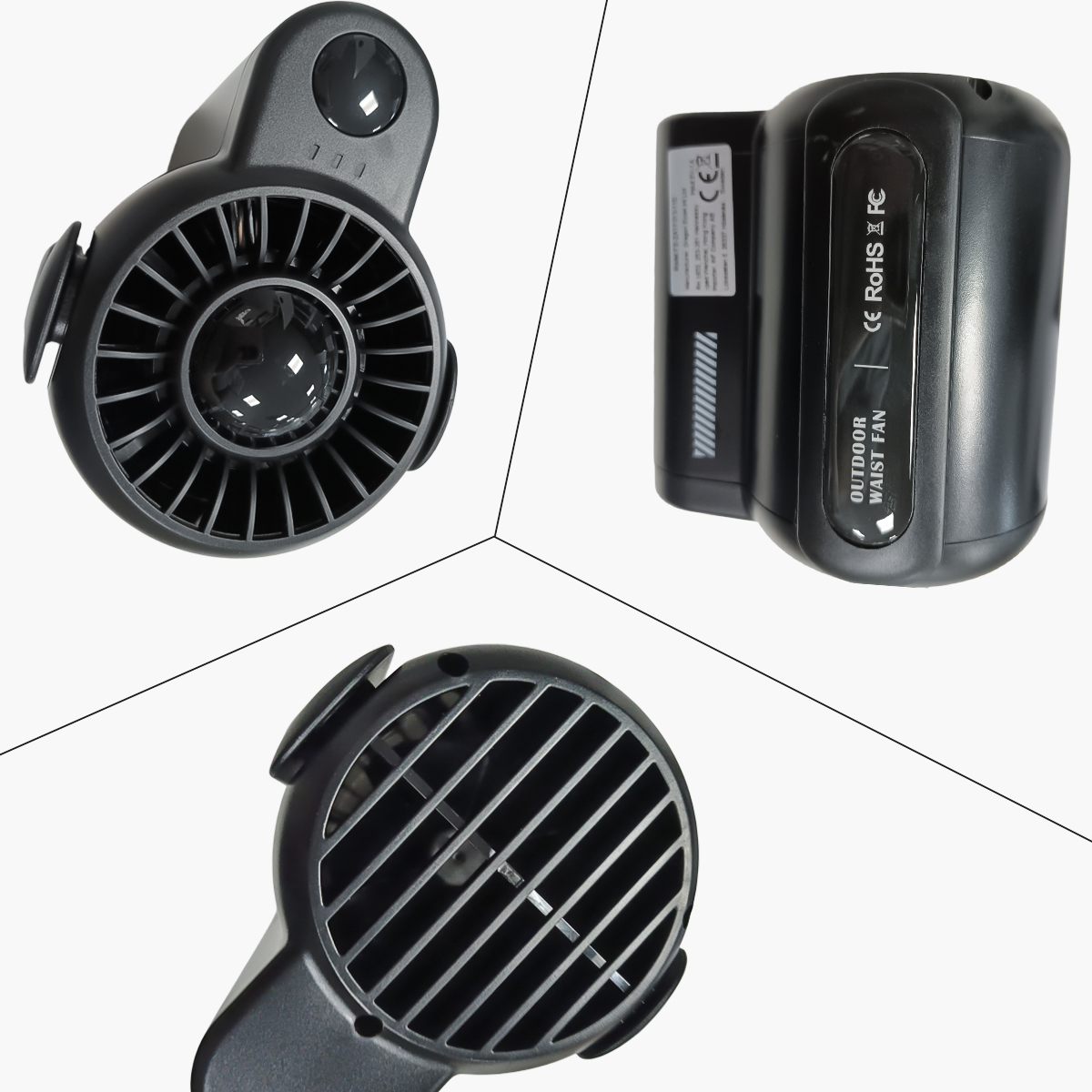 Een zwarte outdoor tailleventilator, met ventilatorbladen, rooster en CE/RoHS/FC-logo.