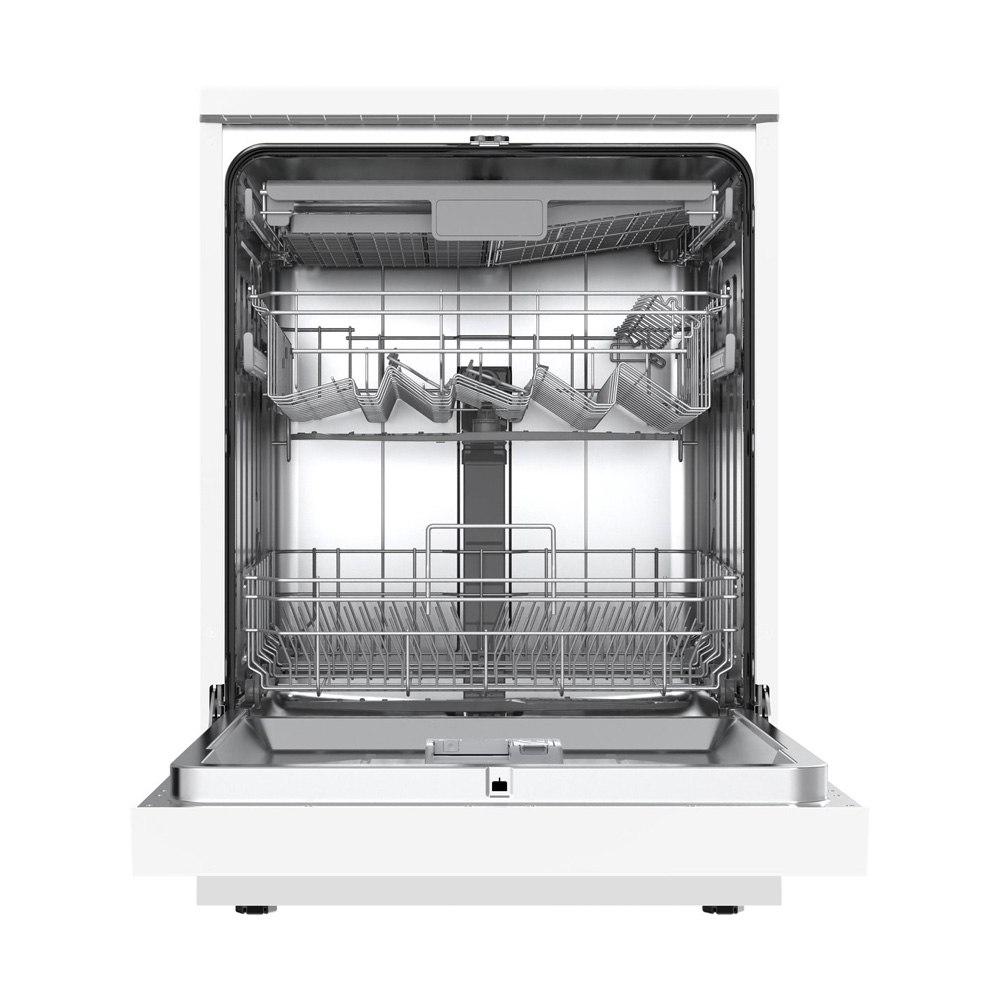 Open white dishwasher with two racks and a cutlery basket.