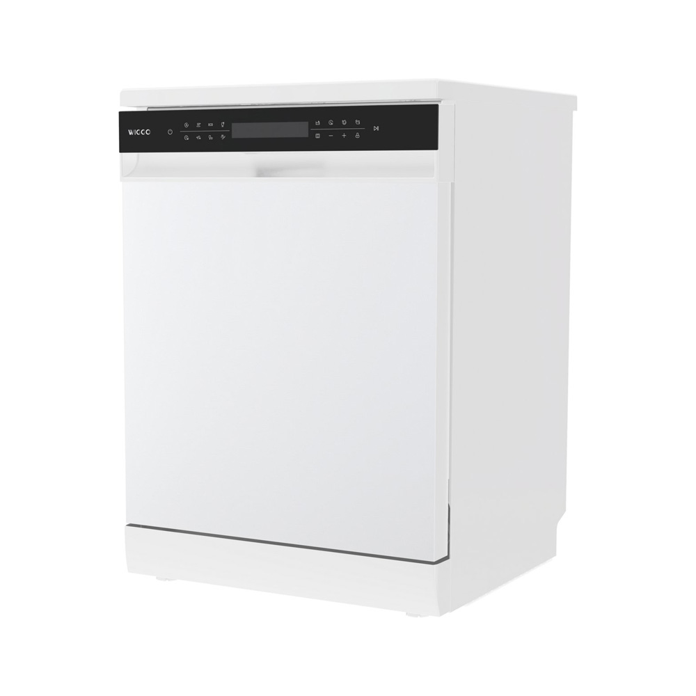 A white dishwasher with a black control panel and display.