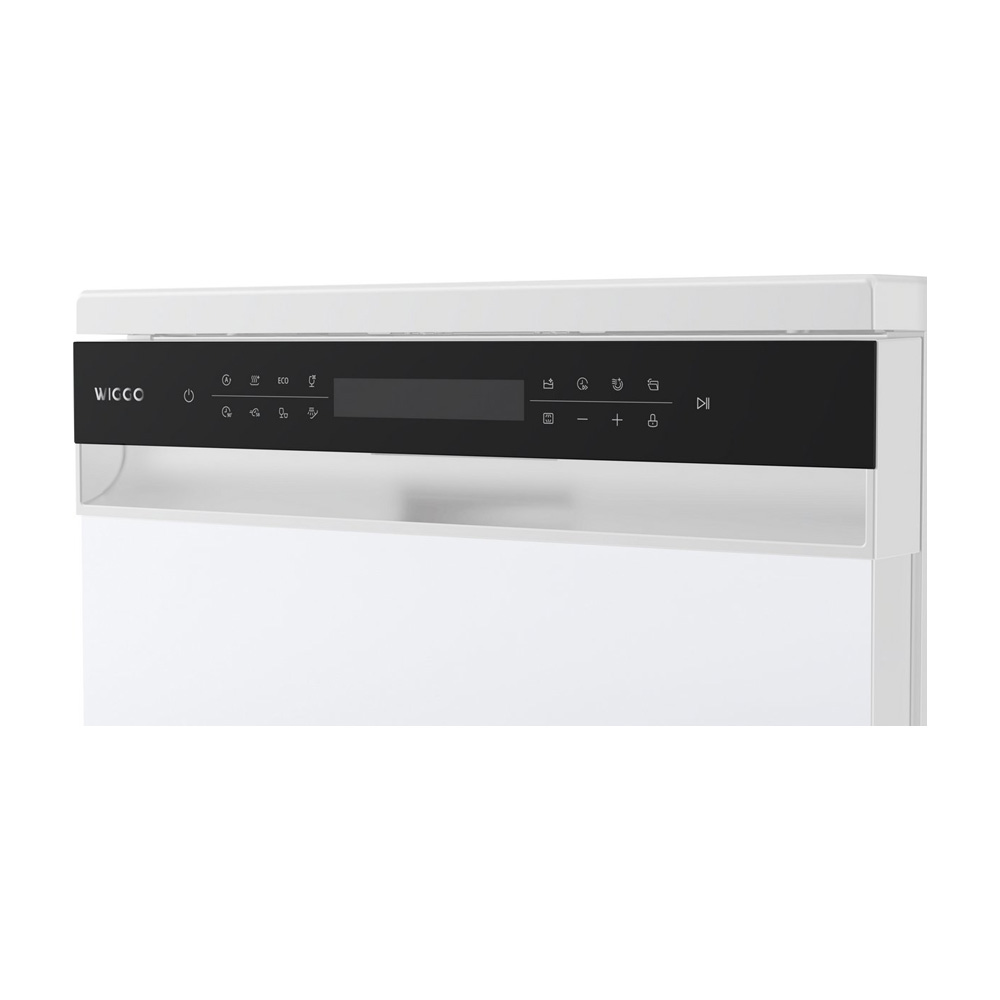Close-up of a white dishwasher with a black control panel and icons.