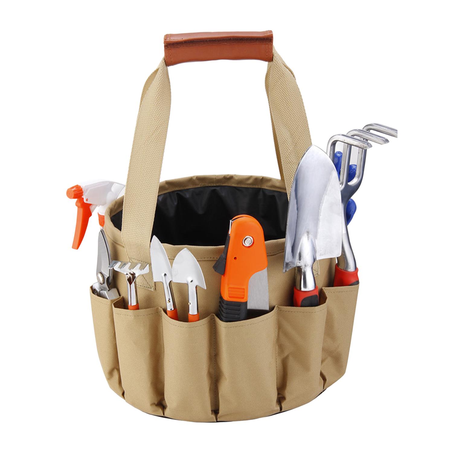 Borsa da giardinaggio beige piena di attrezzi: palette, rastrello, spruzzino e forbici.