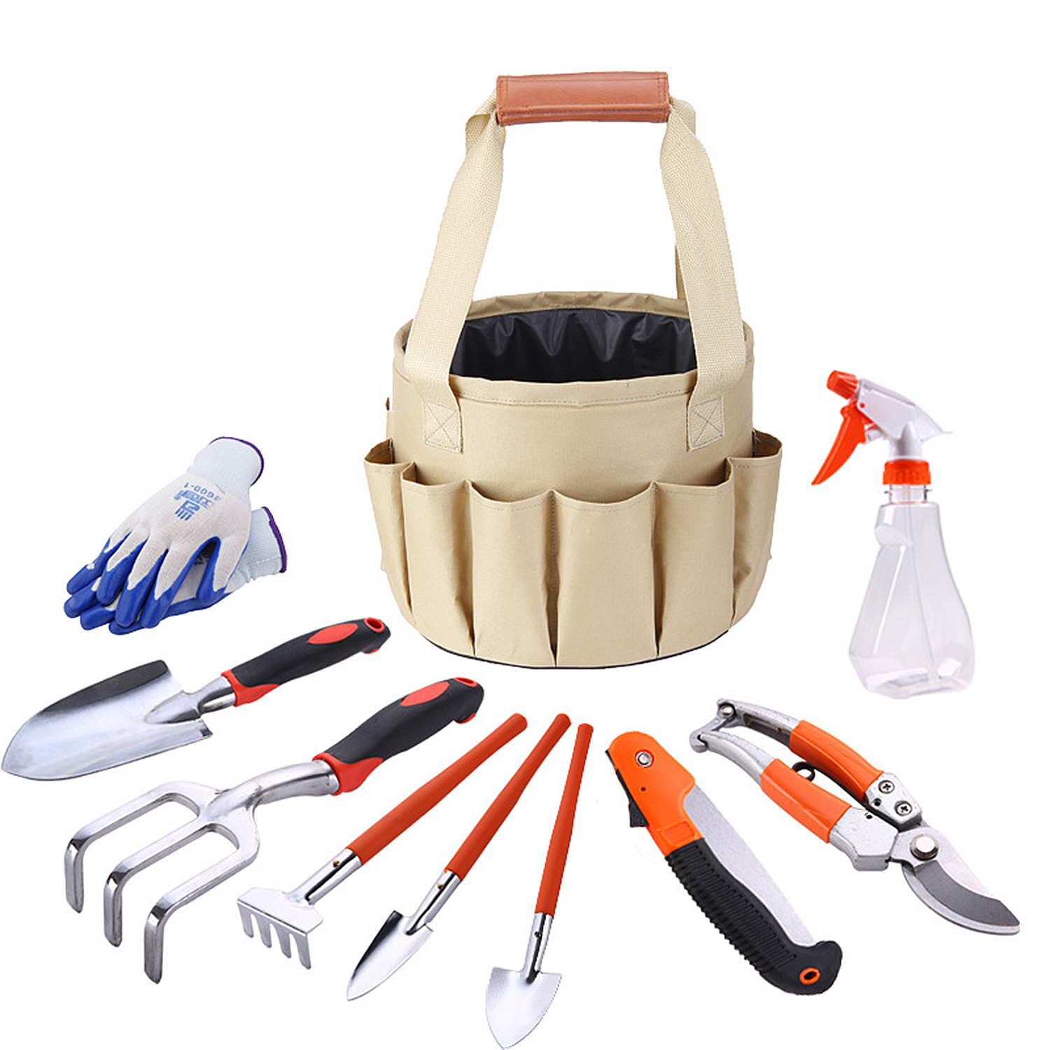 Borsa da giardinaggio beige con attrezzi: guanti, paletta, rastrello, vanghetta, spruzzino, forbici.
