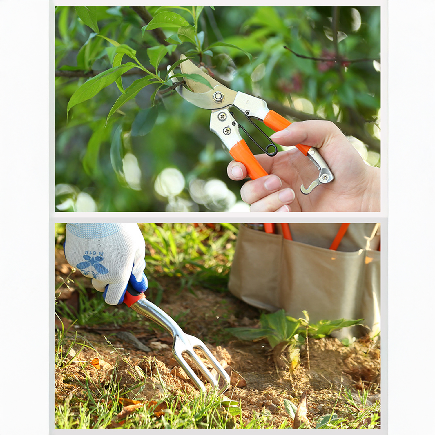 Giardiniere pota rami con cesoie arancioni e usa una forca nel terreno.