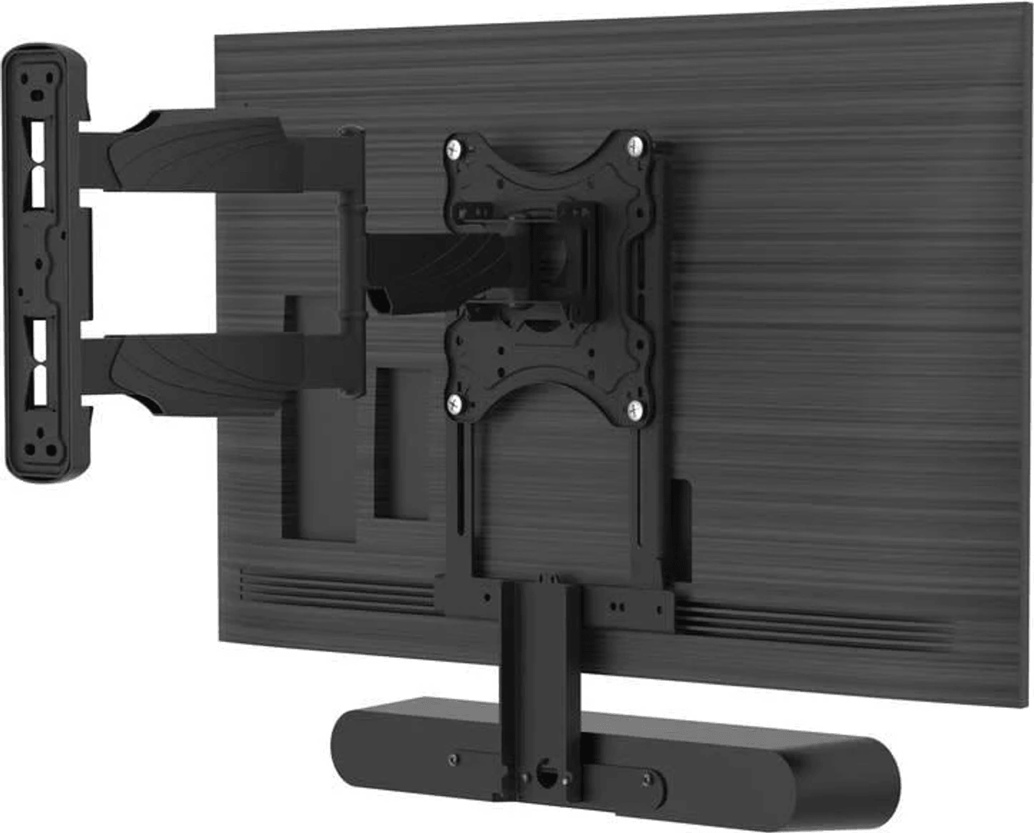 Un soporte de pared negro articulado para TV, fijado a la parte trasera de un televisor.