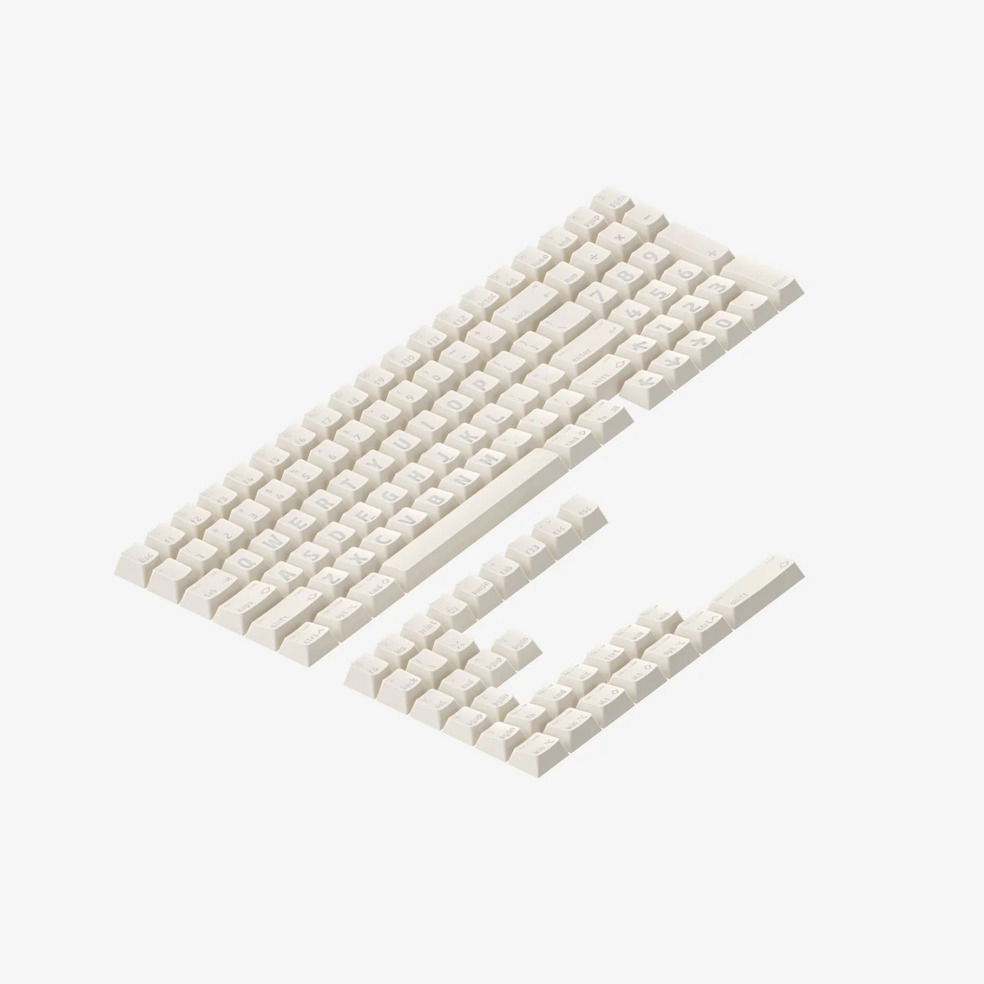 Una tastiera beige con lettere e numeri è mostrata su sfondo bianco.