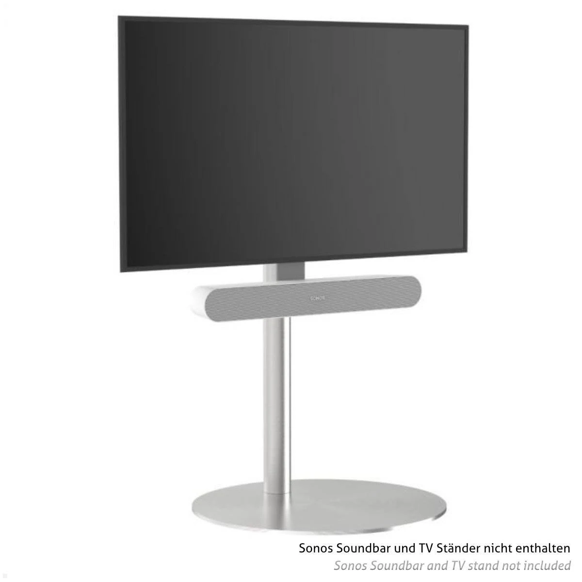 Un altavoz plateado cuelga frente a un televisor negro en un soporte.