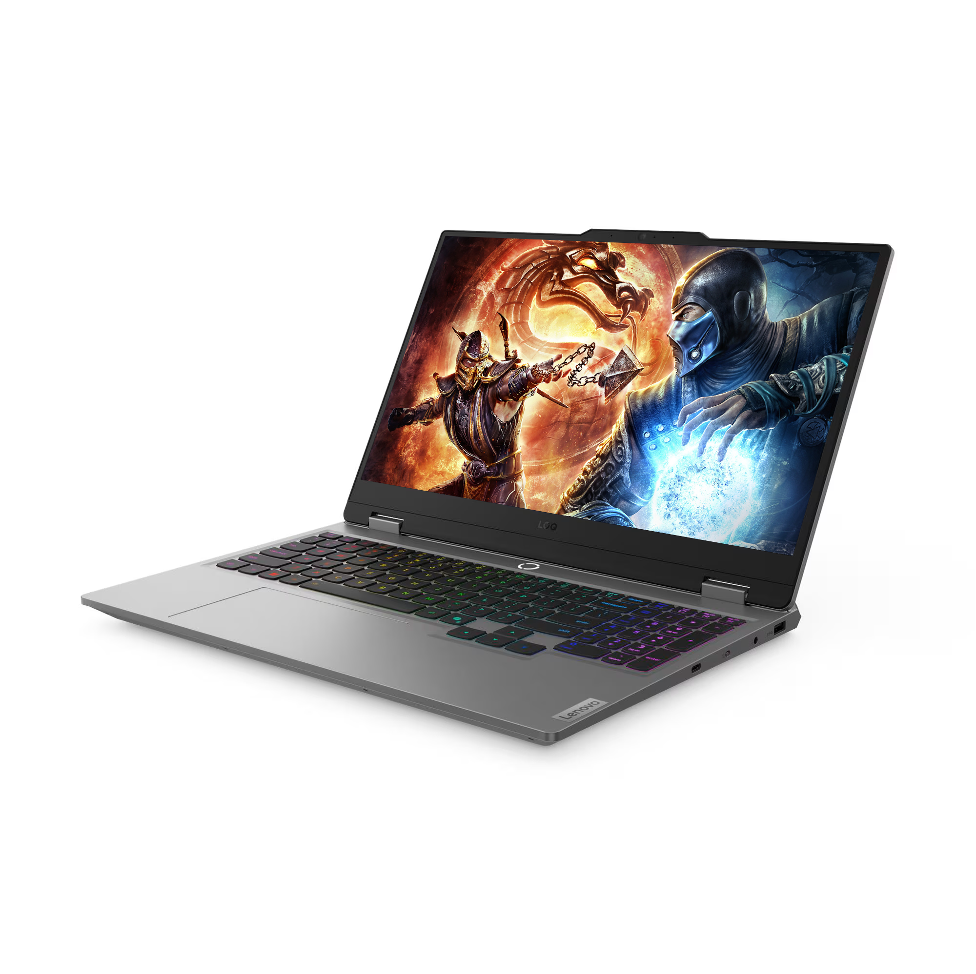 Işıklı klavyeli ve Mortal Kombat ekranlı gri dizüstü bilgisayar.