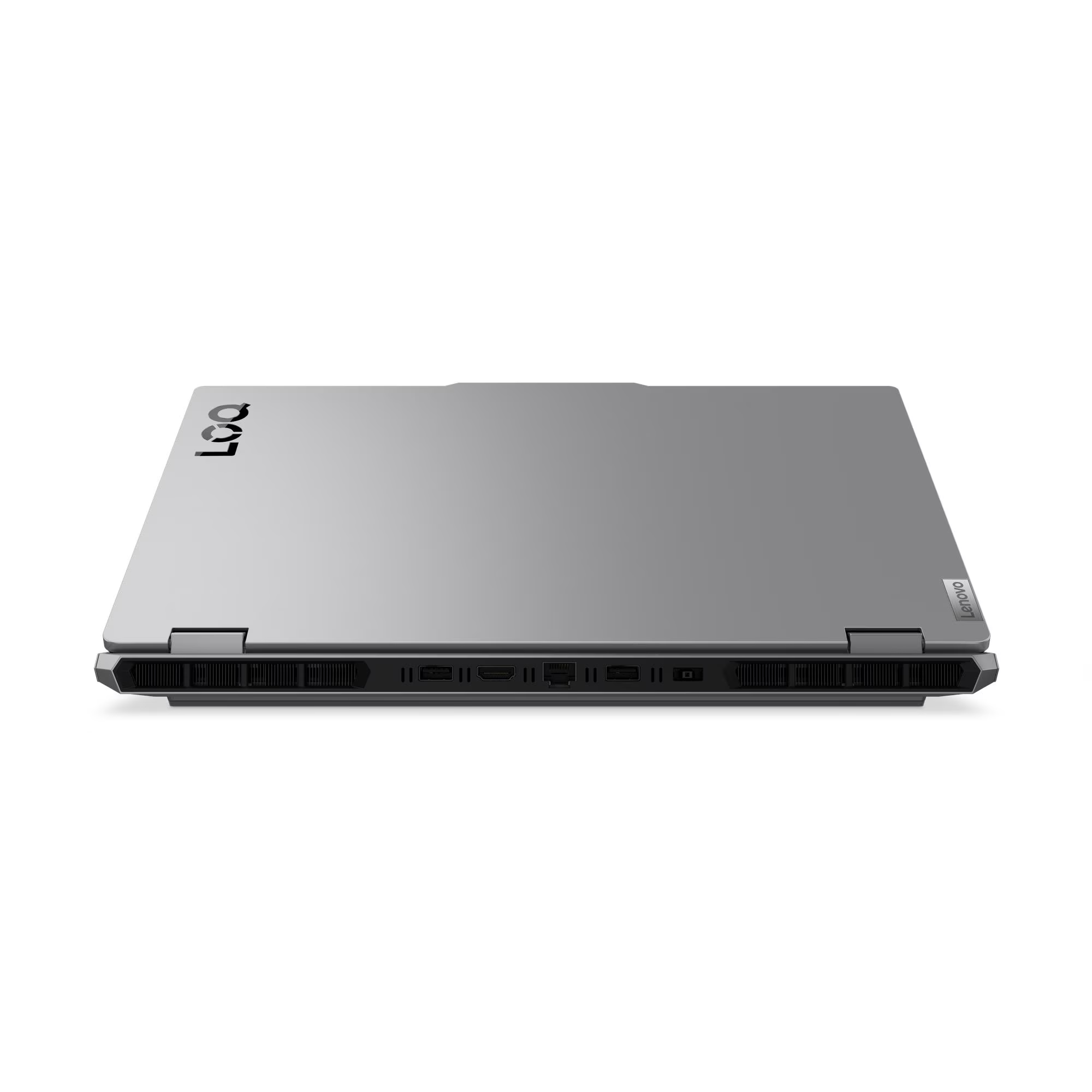 Yan tarafında havalandırma delikleri ve portları görünen kapalı gümüş laptop.