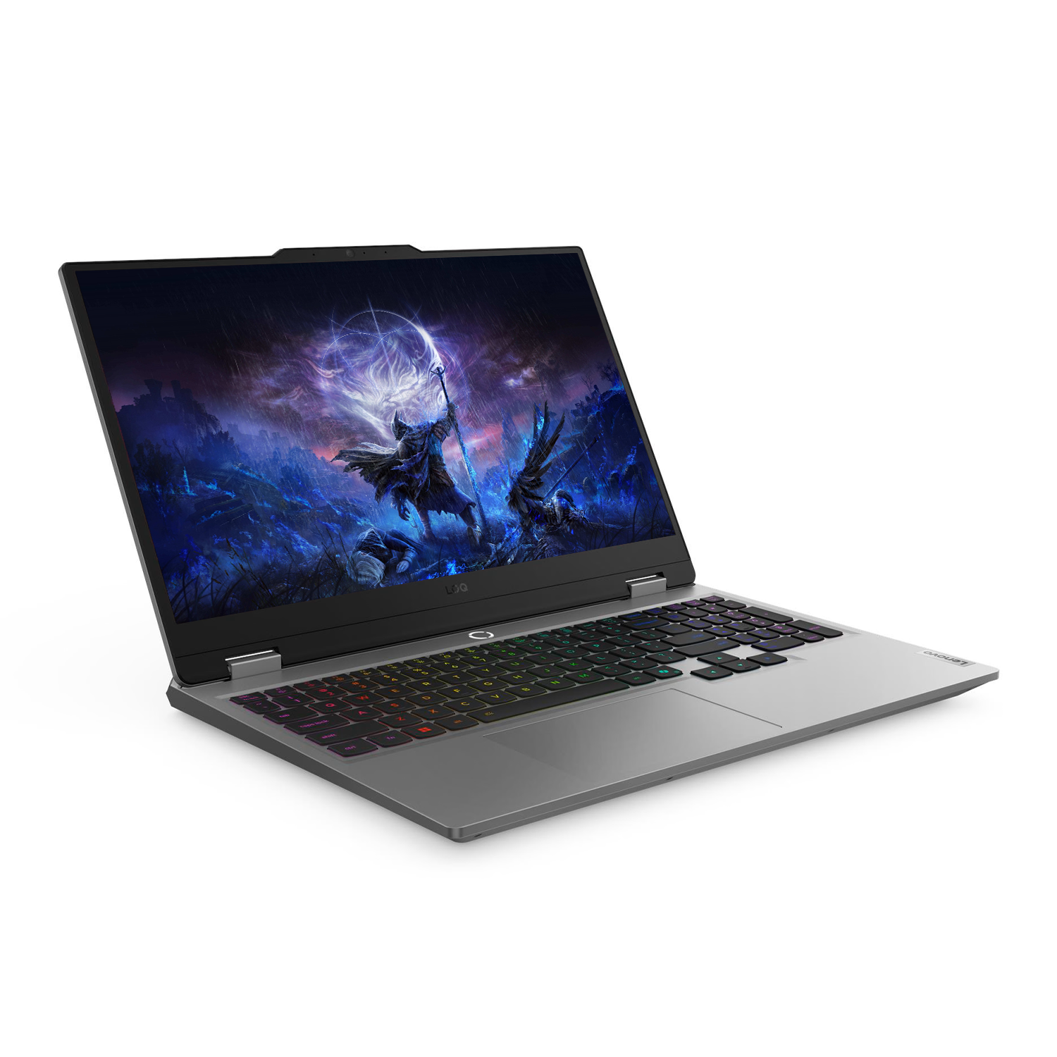 Açık bir dizüstü bilgisayar, renkli RGB klavyeye sahip fantastik bir sahne gösteriyor.