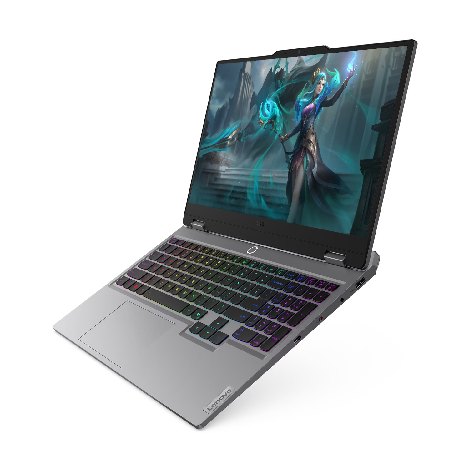 Renkli RGB klavyeli gümüş Lenovo dizüstü bilgisayar, ekranında bir fantezi karakteri gösteriyor.