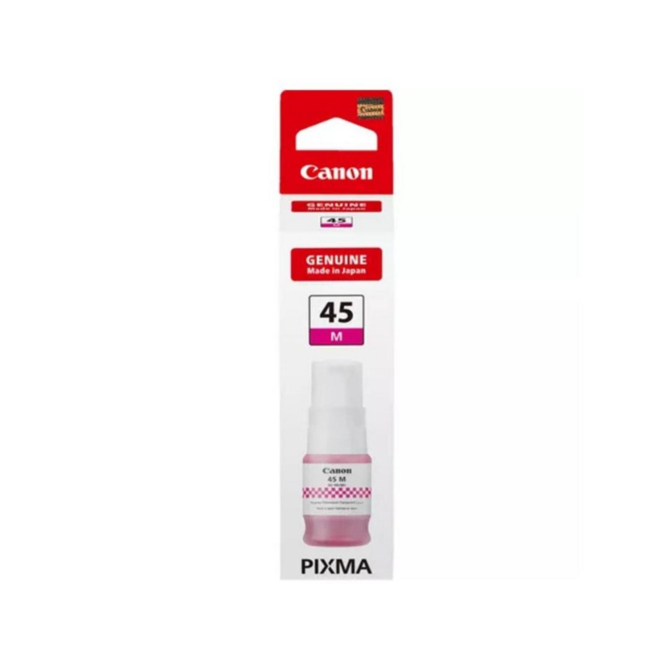 Botella de tinta Canon PIXMA, tinta 45M, fabricada en Japón.