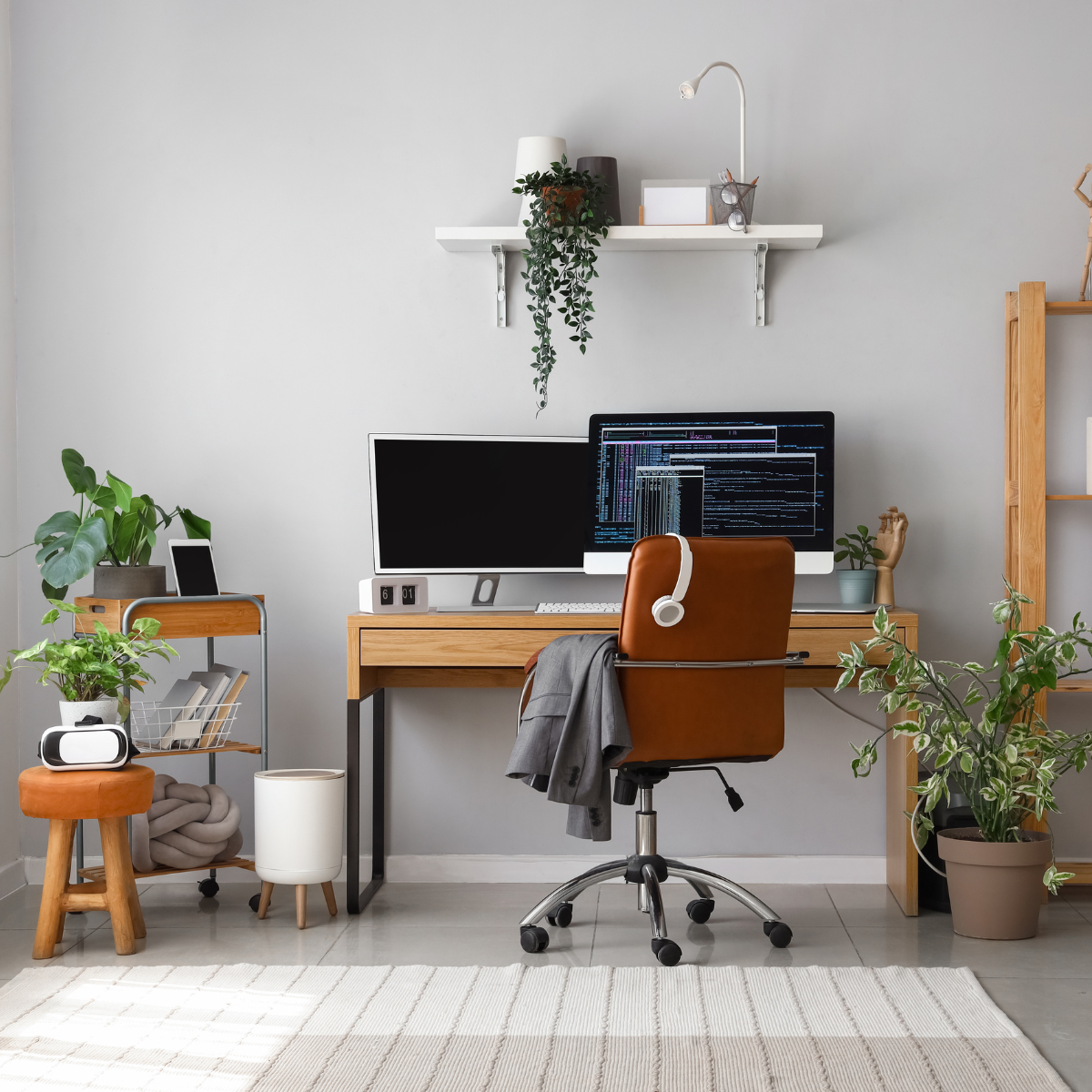 Een modern thuiskantoor met dubbele monitoren, bruine lederen stoel en planten.