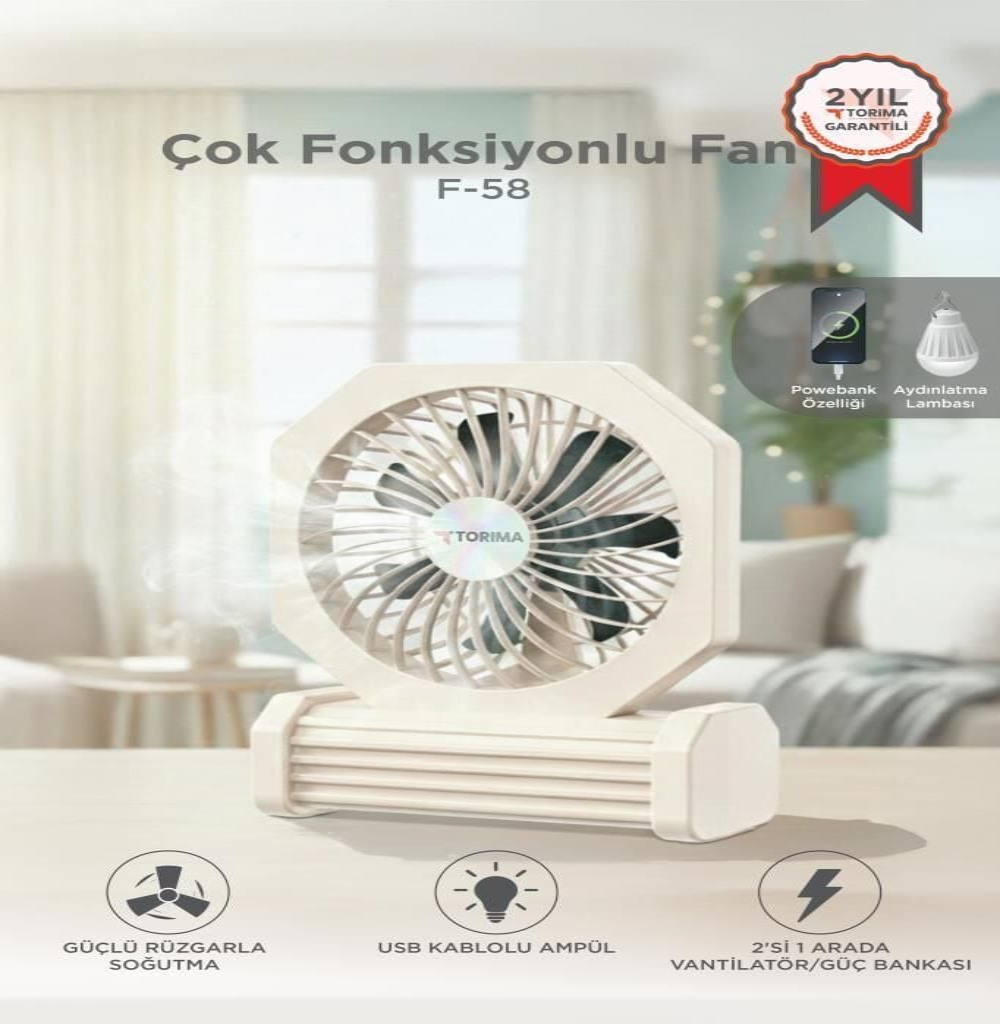 2 yıl garantili beyaz Torima F-58 çok fonksiyonlu vantilatör.