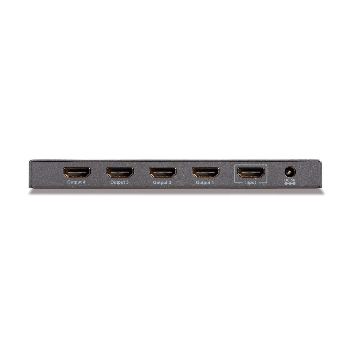 Uno splitter HDMI grigio con quattro uscite e un ingresso, più una porta DC 5V.