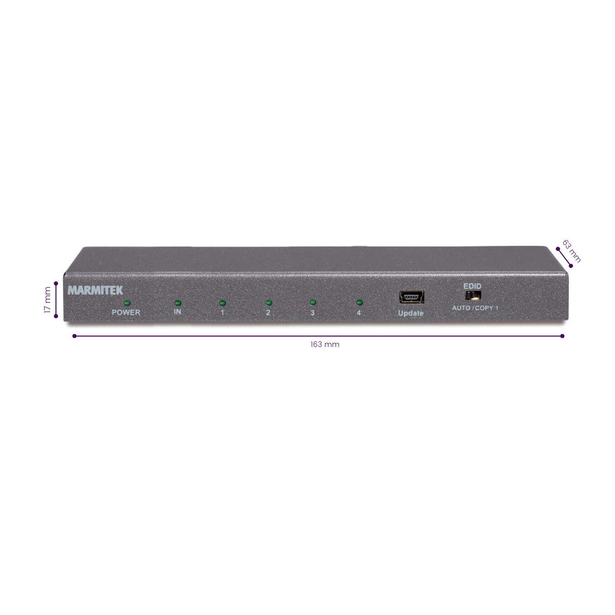 Dispositivo Marmitek grigio con etichette: Power, In, 1-4, Update, EDID, Auto/Copy 1.