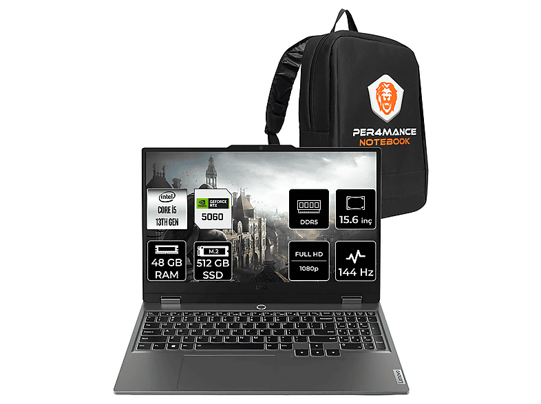 LENOVO LOQ RTX5060/8GB FHD 83JE00XRTRP327 Intel Core i5-13450HX 48 GB RAM 512 GB SSD 15,6 inç FreeDOS Laptop + Çanta Luna Grey